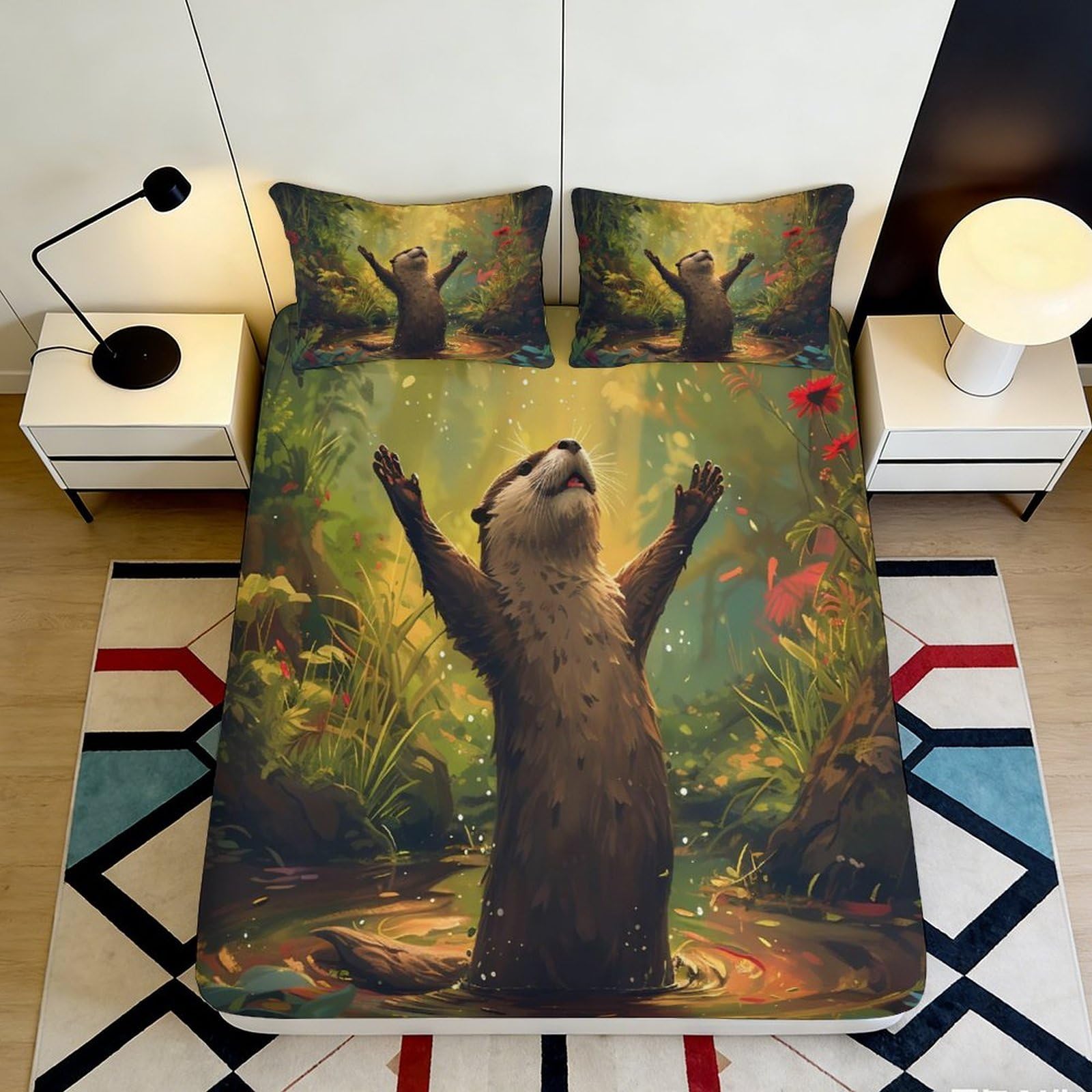 3D Printed Forest Otter Fitted Sheet Microfiber Soft Anti-Slip River Animal Bed Cover for Bedroom Guest Room Mattress Care 200x200x25cm