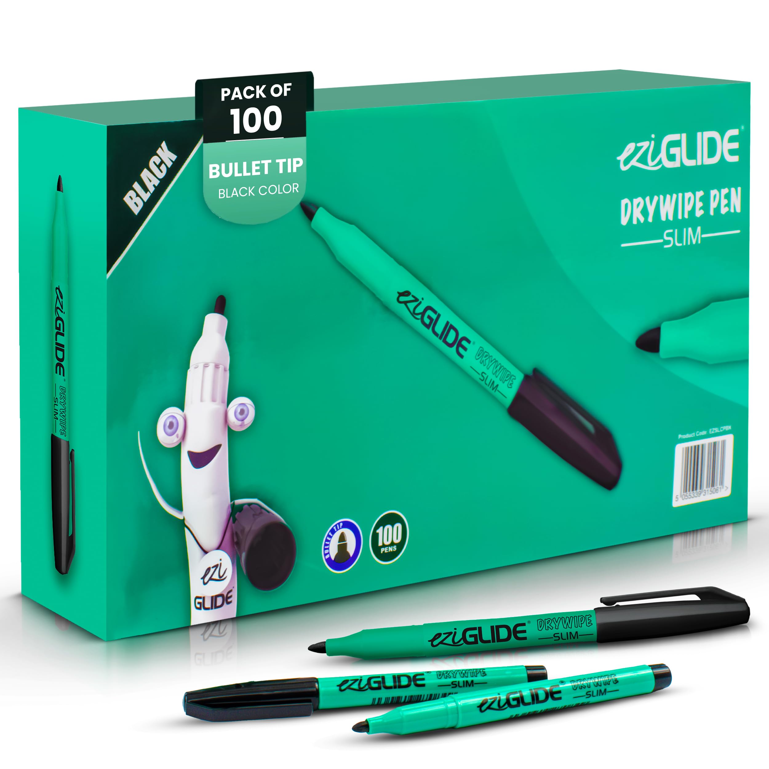 Eziglide Classpack Lot de 100 stylos effaçables à sec fins pour tableau blanc, encre sans résidus, fibre résistante à pointe ogive moyenne, idéal pour l'école, la maison, le bureau