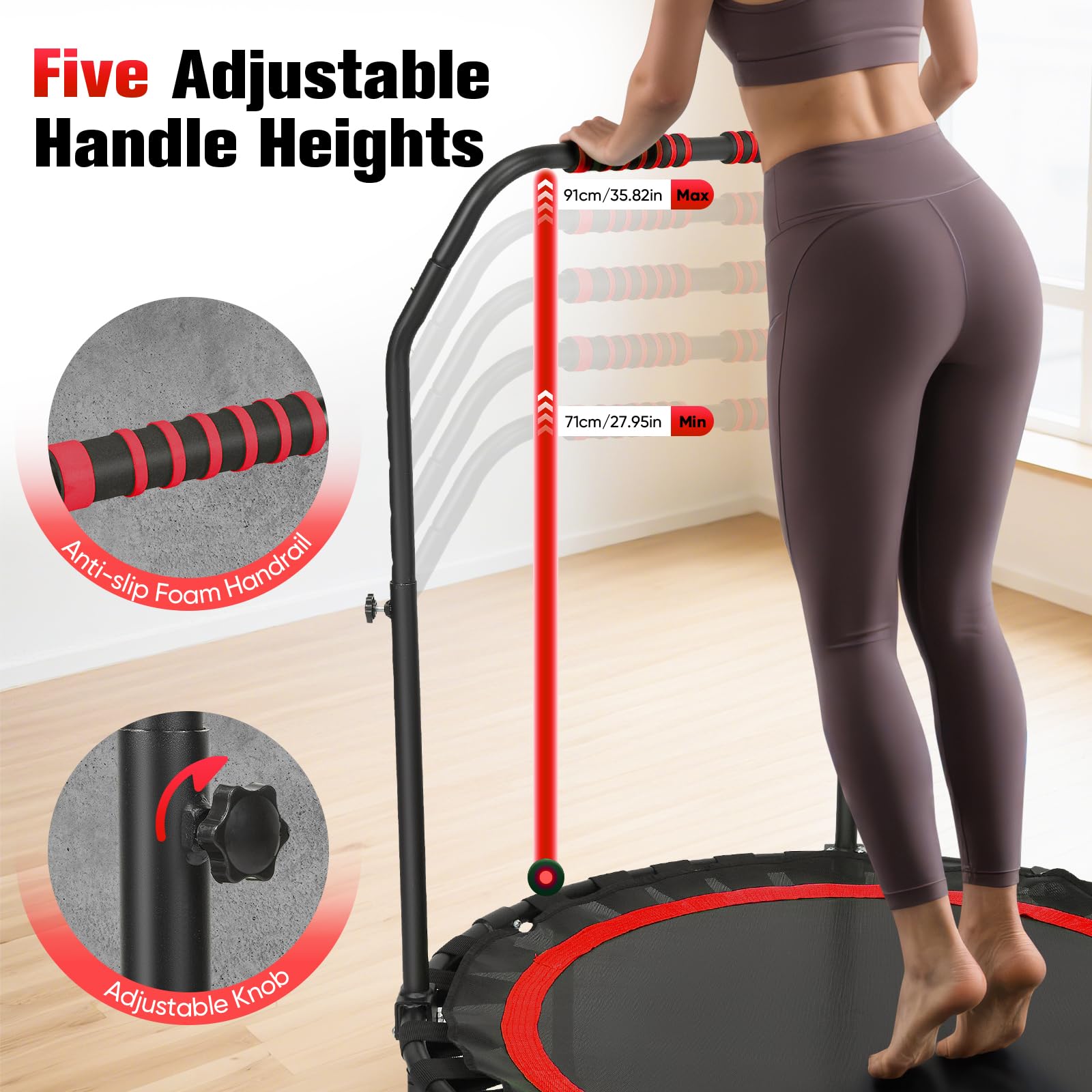 Trampolini da fitness, mini trampolino da 101 cm, capacità di carico 200 kg, trampolino elastico portatile per esercizi con maniglia in schiuma regolabile (Rosso)