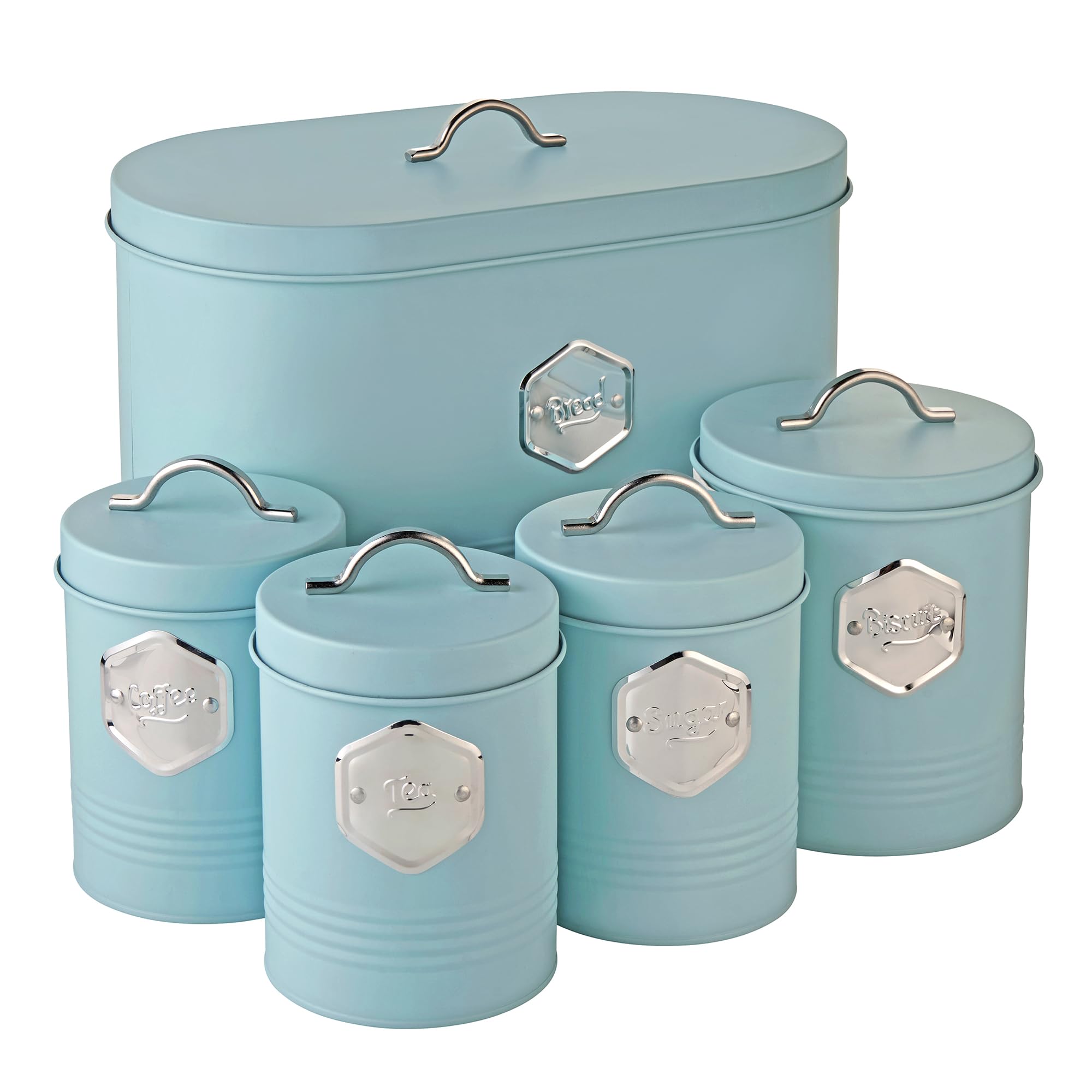 Cooks Professional Blue & Silver 5 Piece Tea Coffee Sugar Bread & Biscuit Cannister Set | Labelled Storage Tins | Containers With Airtight Lids | Canisters For Kitchen Accessories & Essentials |