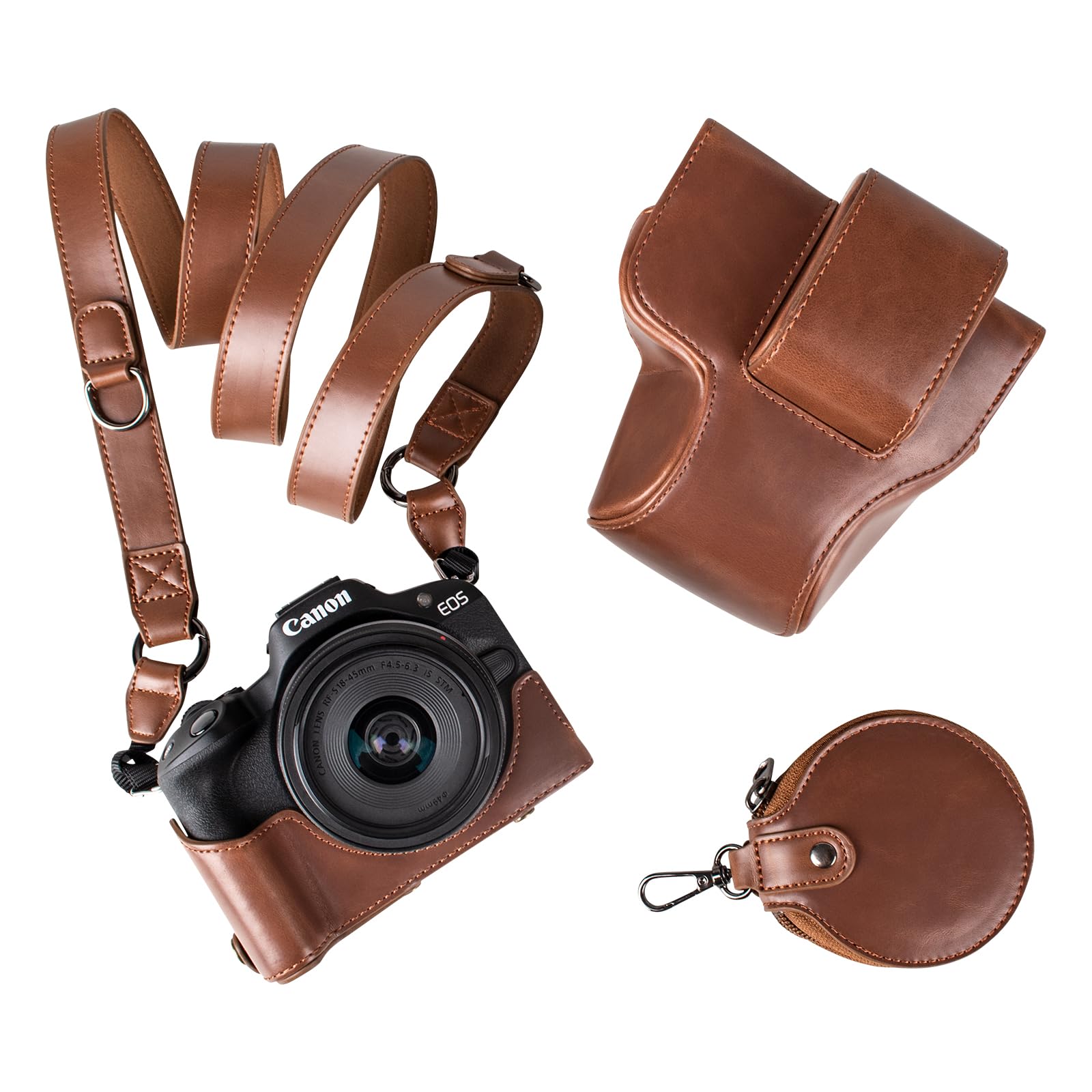 MUZIRI KINOKOO Custodia Protettivo per Canon EOS R50/R100 Fotocamera, Custodia in Pelle PU retrò per EOS R50 EOS R100 DSLR, Apertura inferiore Custodia con Tracolla e Tasca Portaoggetti - Caffè