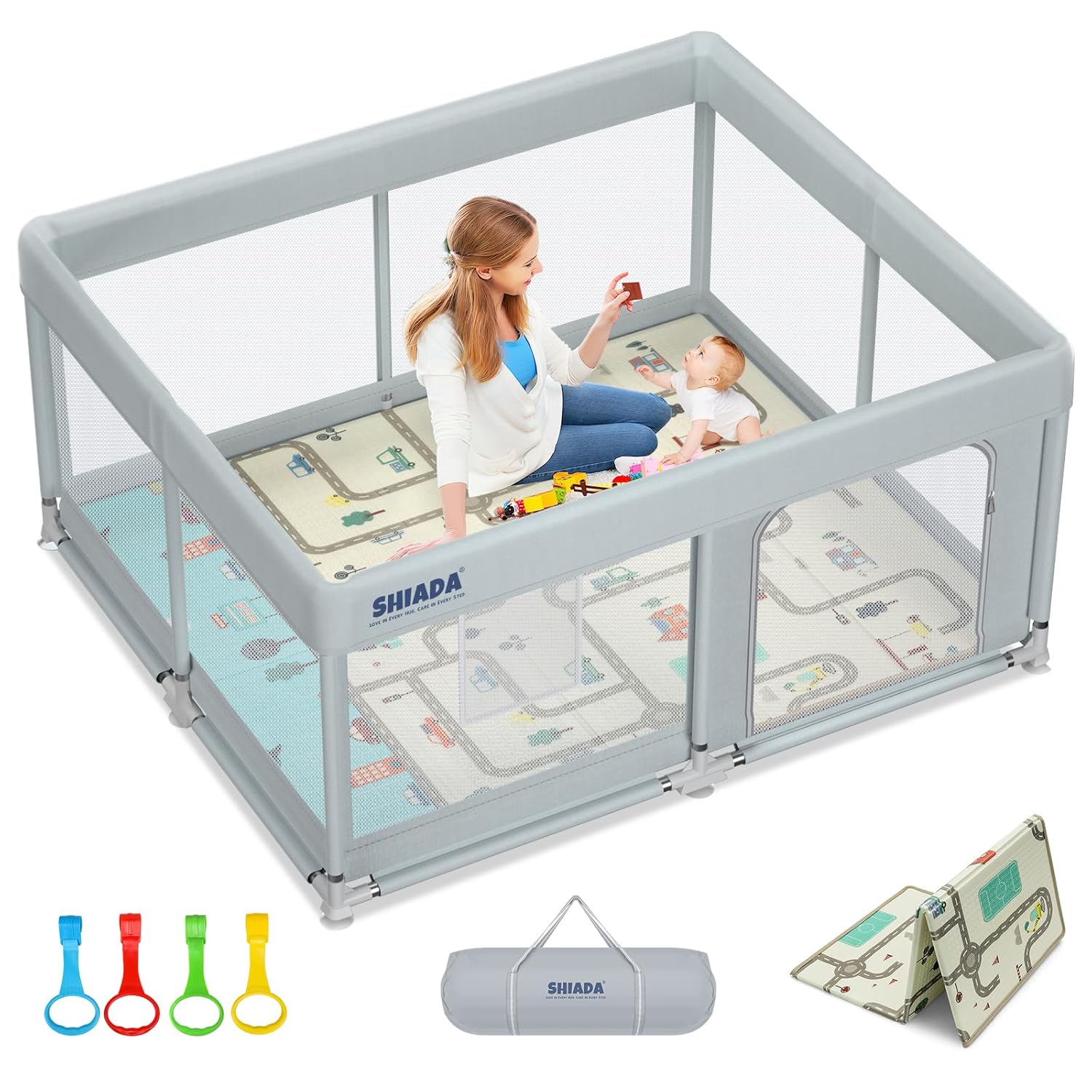 SHIADA Baby Playpen with Mat 50x50 Playpen for Babies and Toddlers,Baby Play Pen,Indoor & Outdoor Activity Center,Kids Playpen with Gate,Safety Baby Fence Play Area with Breathable Mesh(Gray) 50x50 Inch baby playpen with mat