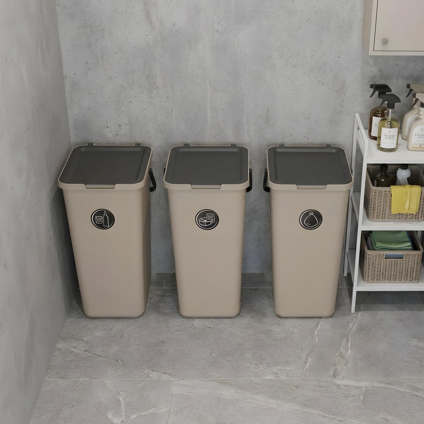 Contenitori raccolta differenziata, 3x32l, beige, salvaspazio da interno, cestini cucina, 34x28x53(H) cm