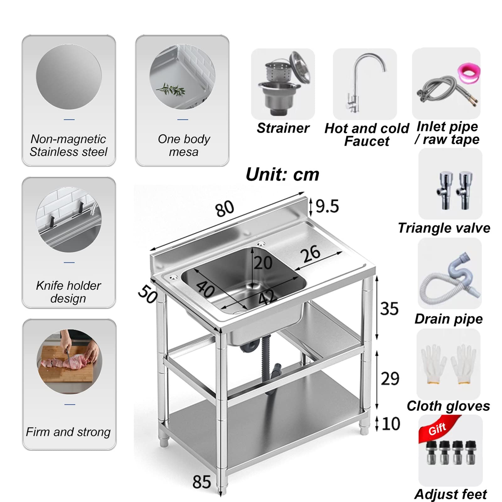 Évier sur Pied Simple en Acier Inoxydable avec Robinet combiné avec crépine évier Portable pour Laver la Vaisselle pour Restaurant, buanderie, Jardin, Cuisine extérieure (Chaud et Froid Gauche 80 x 5