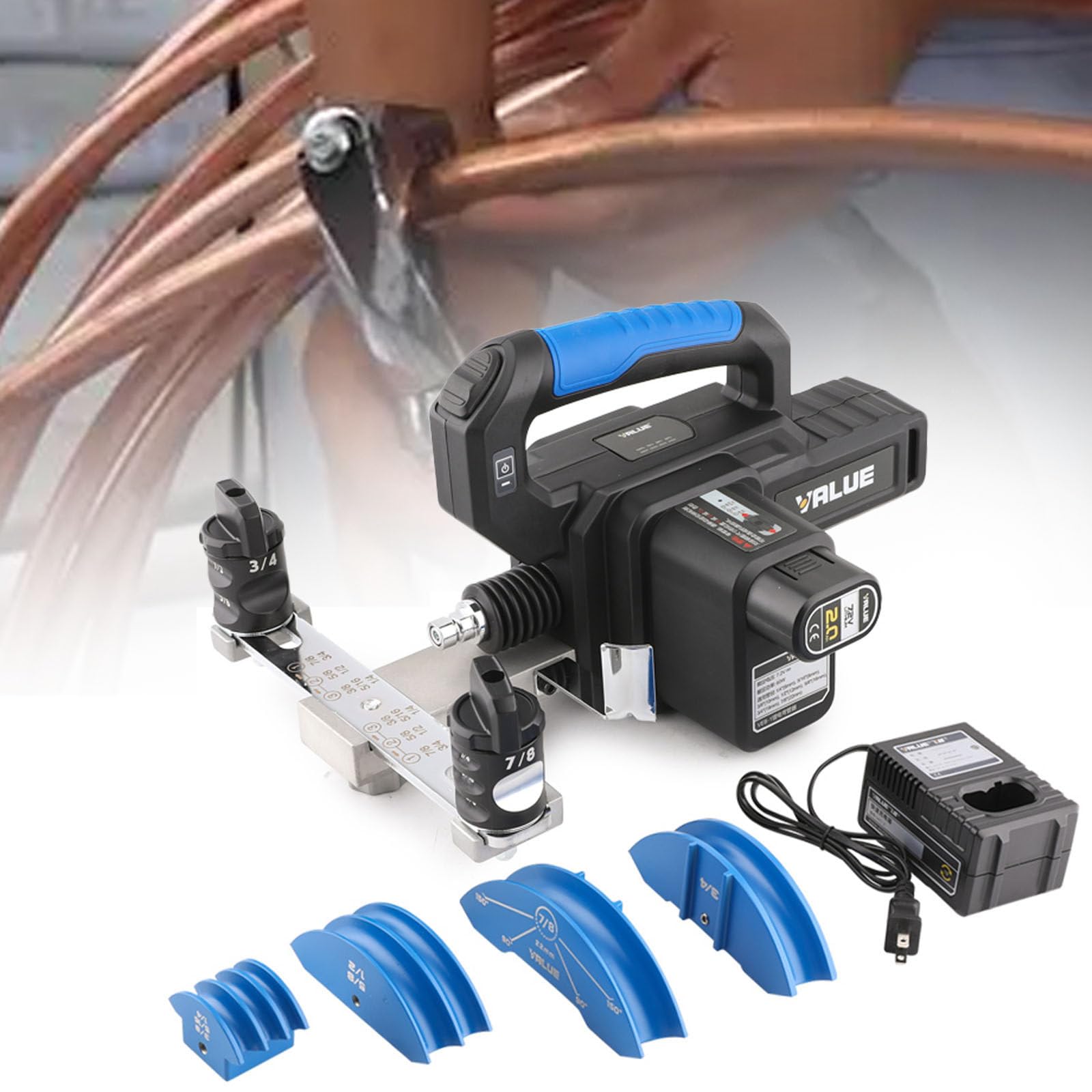 Curvatubi senza fili per tubi in rame da 6-22 mm, funzionamento a batteria, funzionamento con un solo pulsante, deflettore a sgancio facile, misura 7 in 1