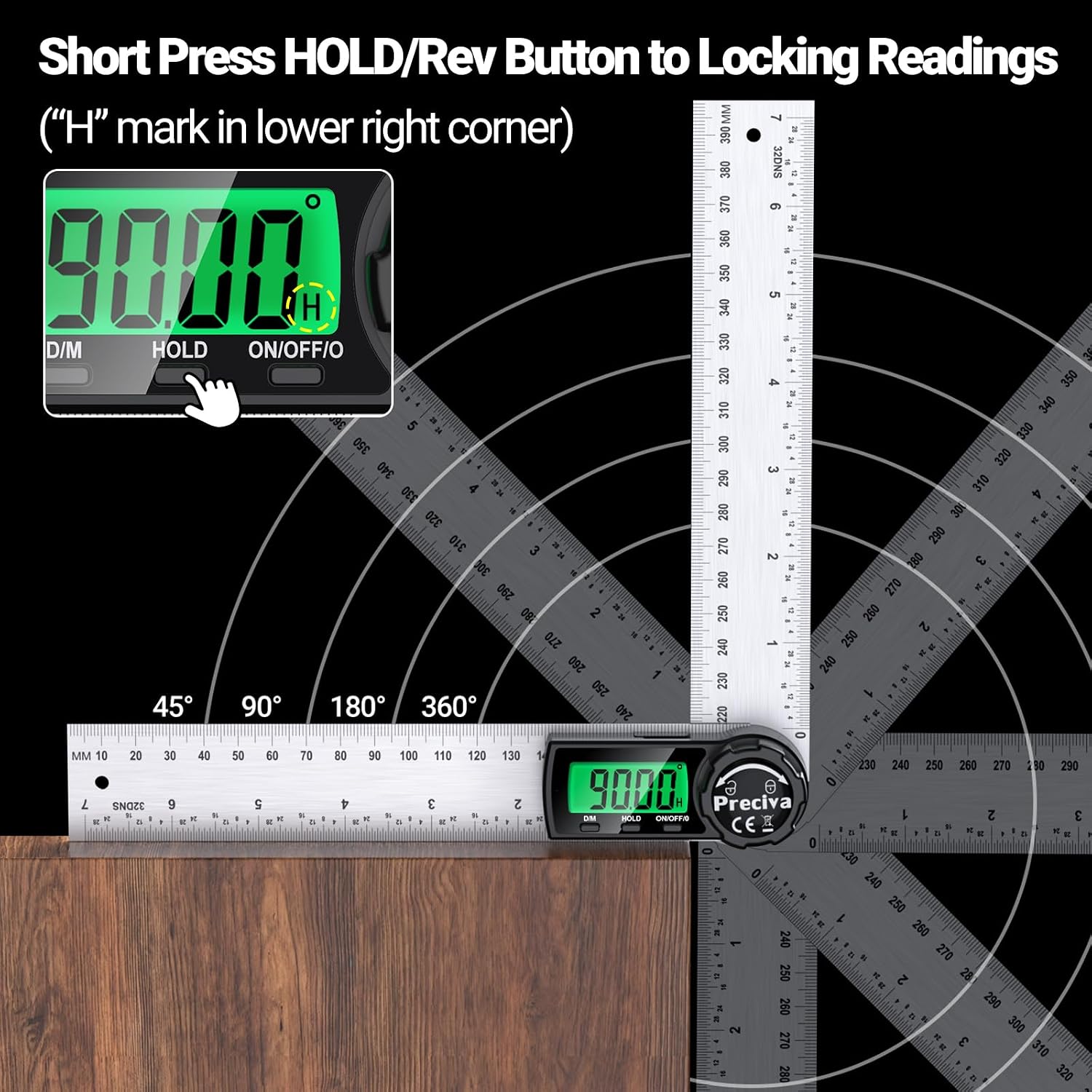 Preciva Rechargeable Digital Angle Finder | 7" / 200mm Stainless Steel Angle Ruler & Gauge, Type-C Charging, Backlit LCD for Woodworking & Miter Saw Setup Digital Angle