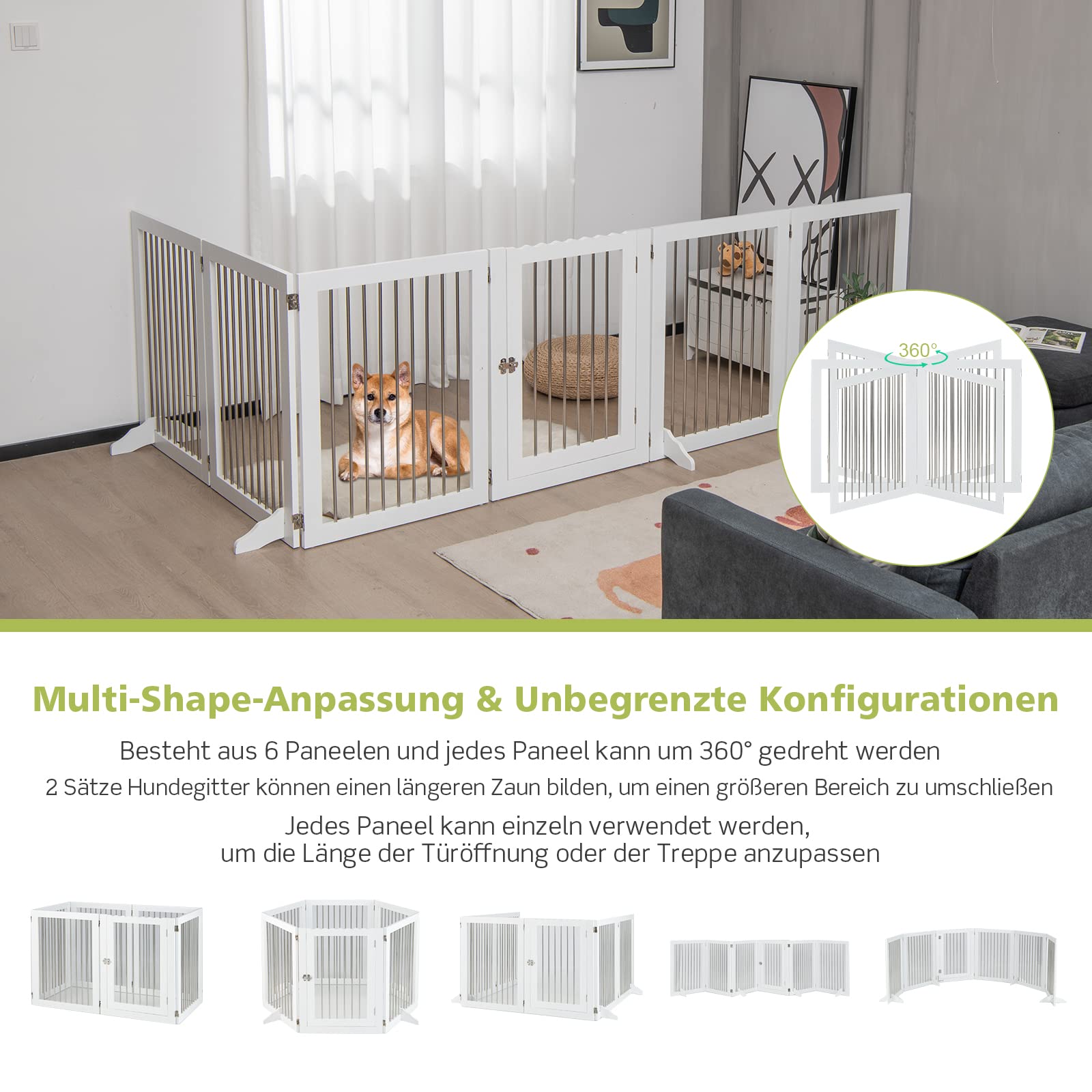 COSTWAY 6-teiliges Absperrgitter Hunde, Freistehendes Hundegitter mit Tür & 4 Stützfüßen, 80cm hoch, Klappbarer Schutzgitter, Treppengitter aus Holz und Edelstahl, für Kamin Treppe, Weiß
