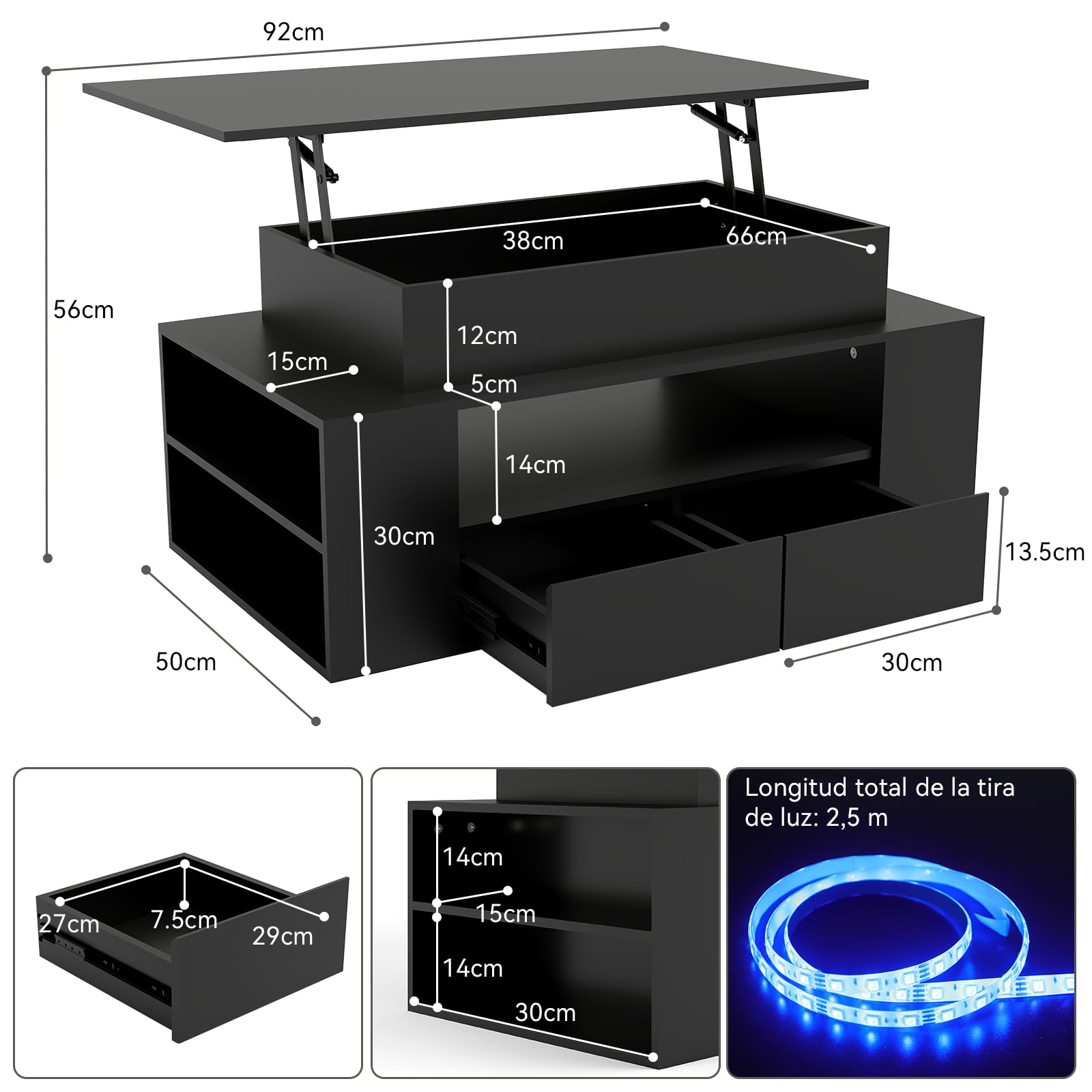YU YUSING Mesa de Centro Elevable y Extensible con Luz LED, Amplio Espacio | 92 x 50 x 43-56 cm, Estructura de Acero, Control por Aplicación y Botones, Negro