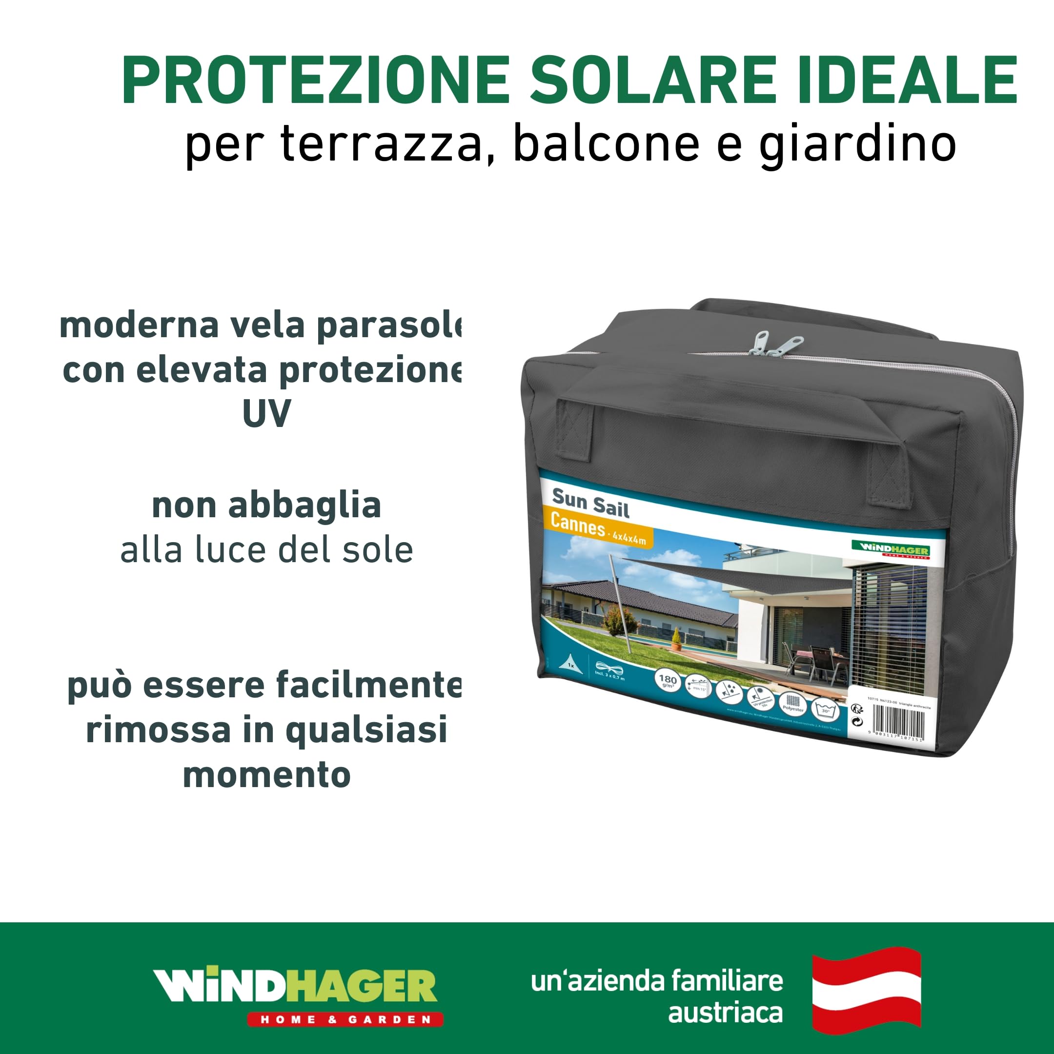 Windhager Cannes 10715 - Tenda Parasole Triangolare, 4 x 4 m, per Giardino e terrazzo, Resistente ai Raggi UV e alle intemperie, Colore: Antracite