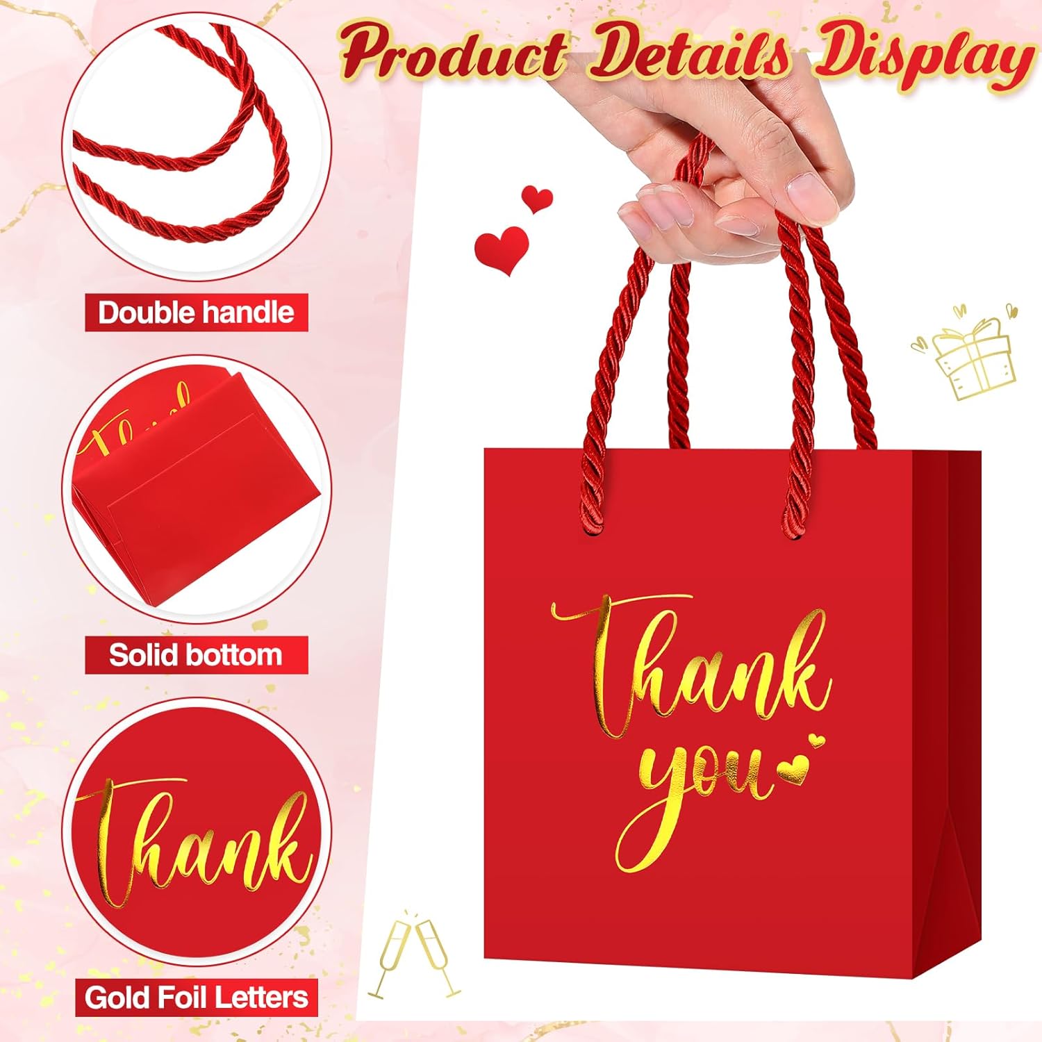 Honoson 30 Pcs Mini Gift Bag with Handle 4 x 2.75 x 4.5'' Small Thank You Bag Foil Paper Tote for Valentine's Day Wedding Baby Shower Birthday Graduation Party Favor Supplies(Red/Gold) - Image 5