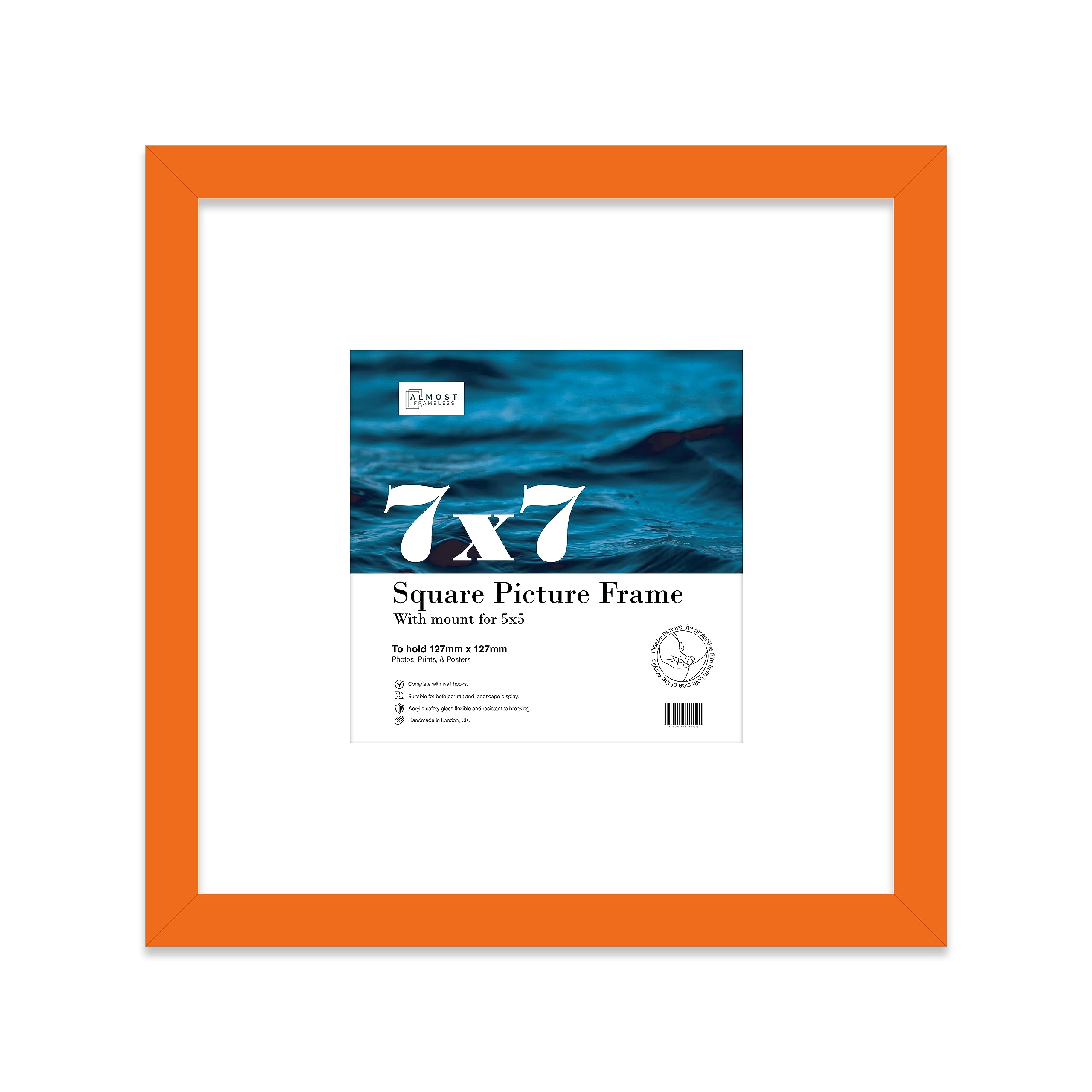 7x7 Orange Picture Frame with Mount for 5x5 Photos, Prints - Modern Square Wall Frame, 1 Pack