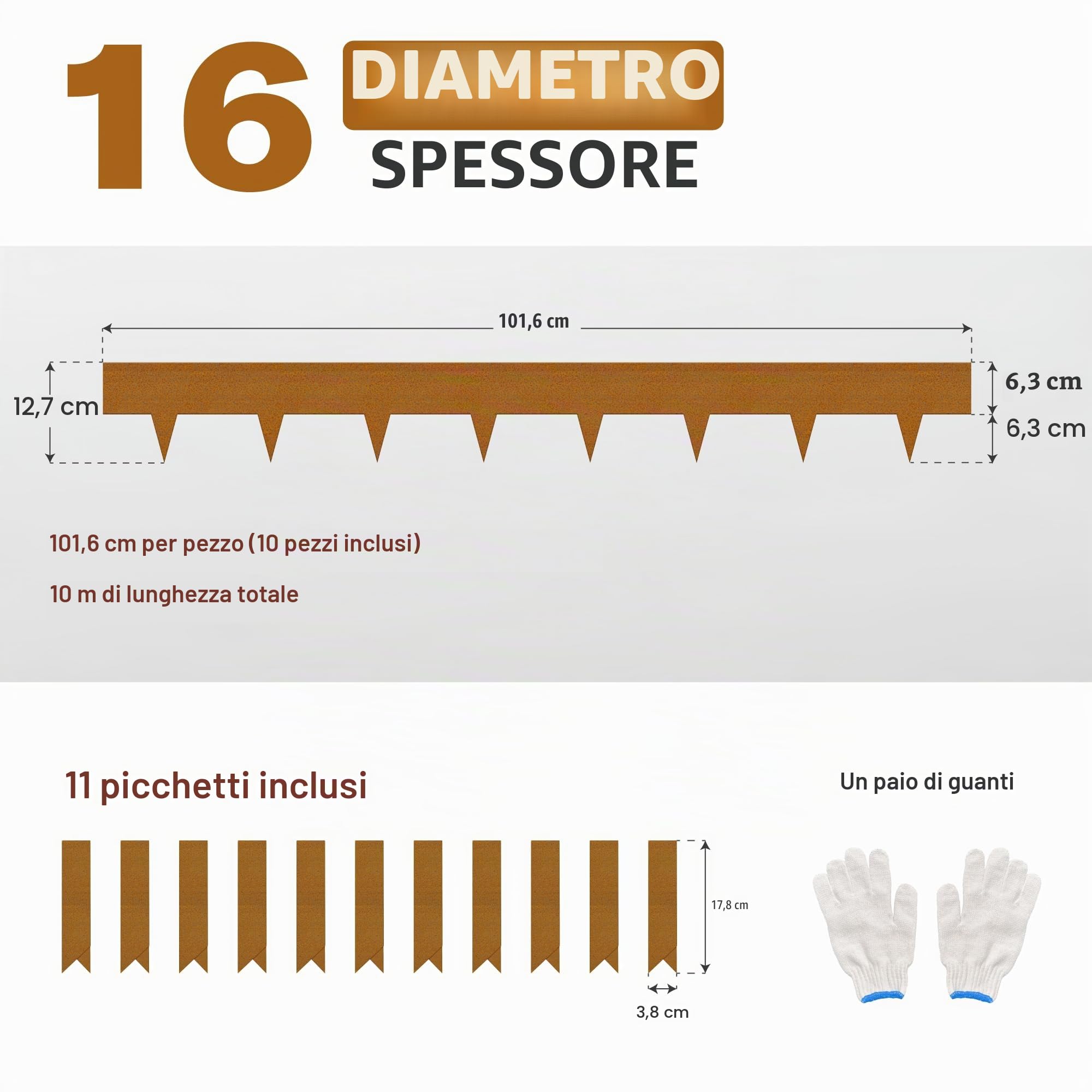 10 cordoli per prato in acciaio Cor-Ten pre-arrugginito, altezza 12,7 cm, bordo decorativo in metallo robusto (10 m di lunghezza totale) con 11 clip e guanti