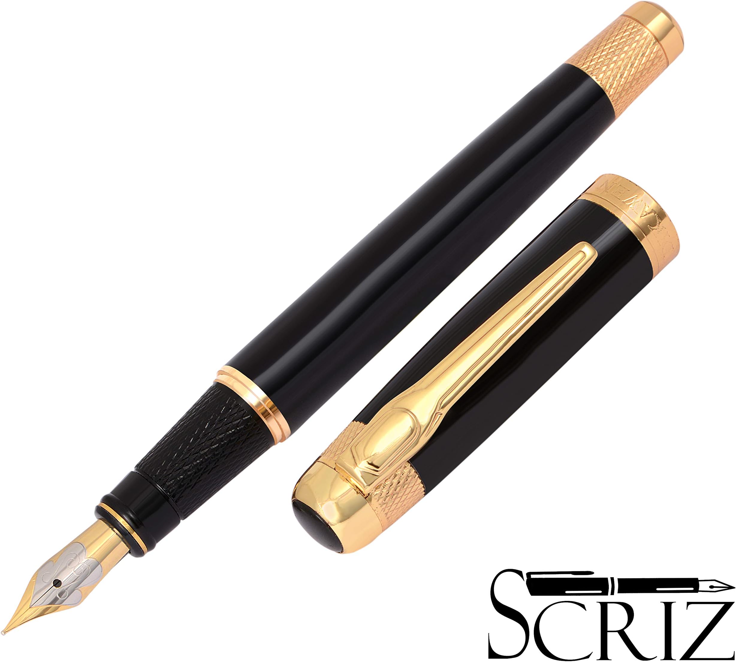 SCRIZ™"Flare Collection" Black - Gold Shining Brass Body With Genuine German Iridium Nib Fountain Ink Pen In Attractive Box (SZ-0072)