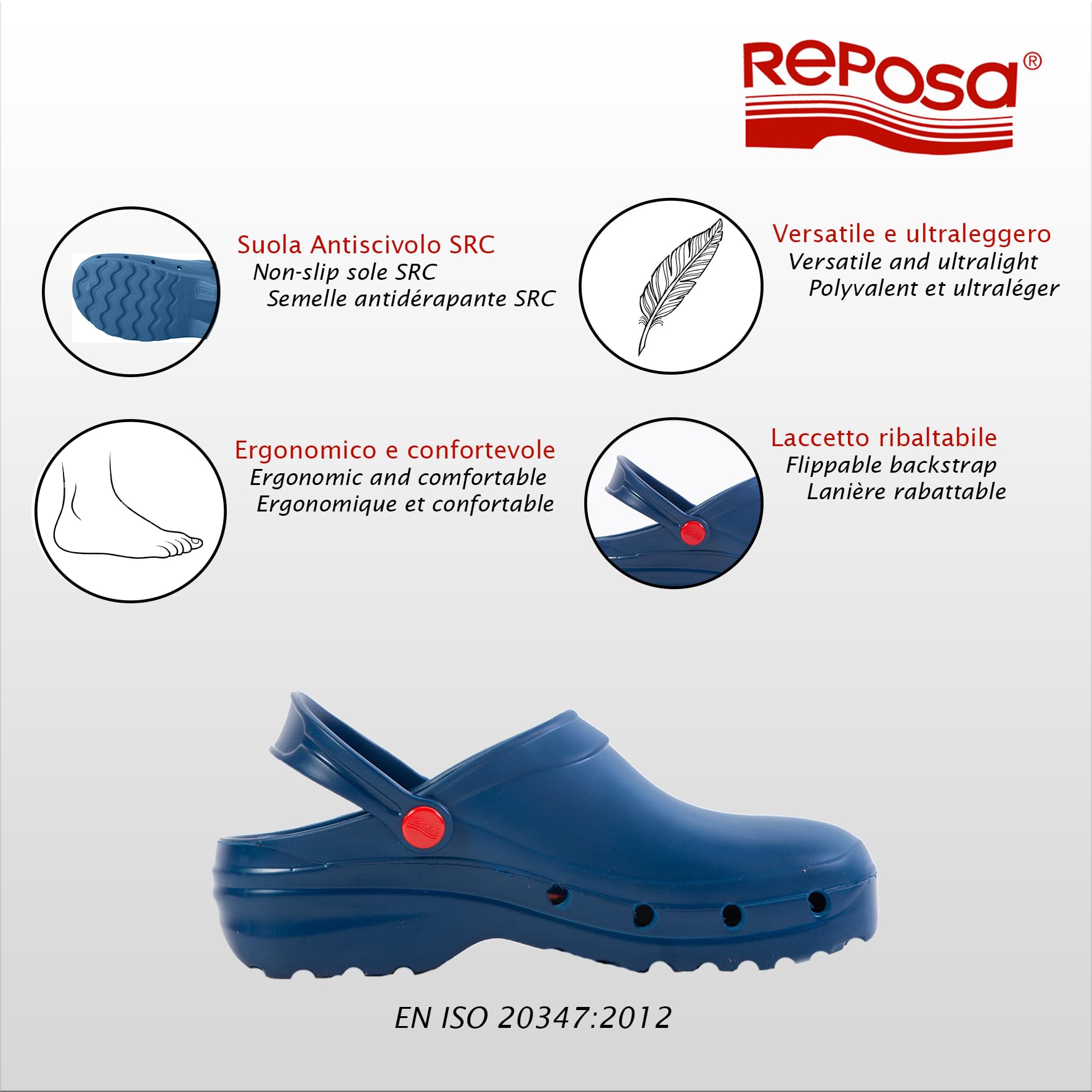 REPOSA Light One - Sabot Femme et Homme en EVA avec Semelle Antidérapante et Antibactérienne, Sabot Femme Medical Infirmiere Unisex Anatomique avec Sangle Rabattable - Sabot Femme Medical Ultralégère