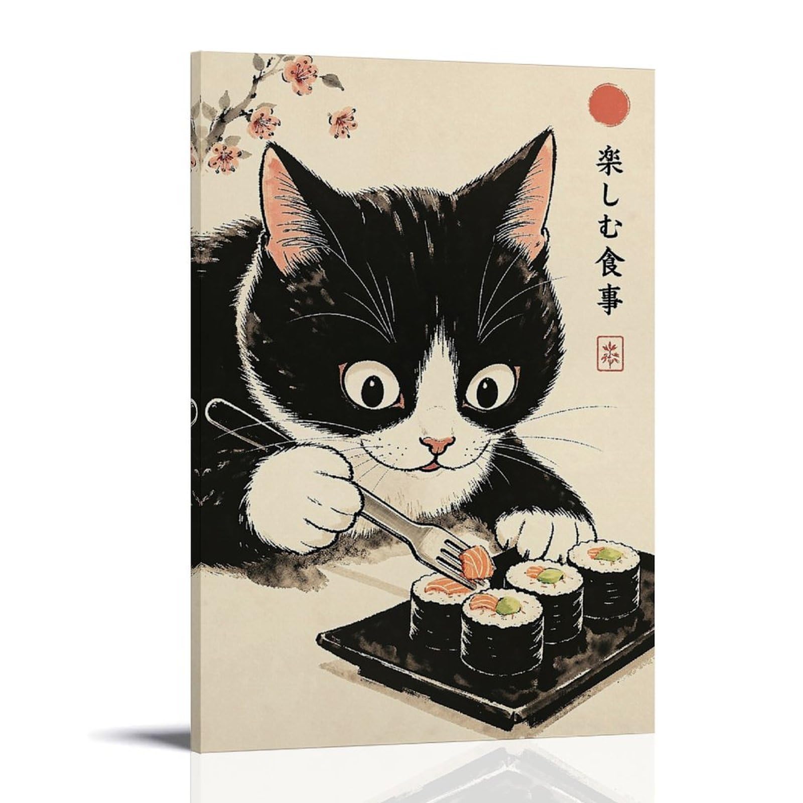 Lienzo decorativo para pared con diseño de gato sushi inspirado en Japón, póster de gato kawaii en blanco y negro, diseño de gatito comiendo sushi para cocina, comedor, decoración para amantes de los