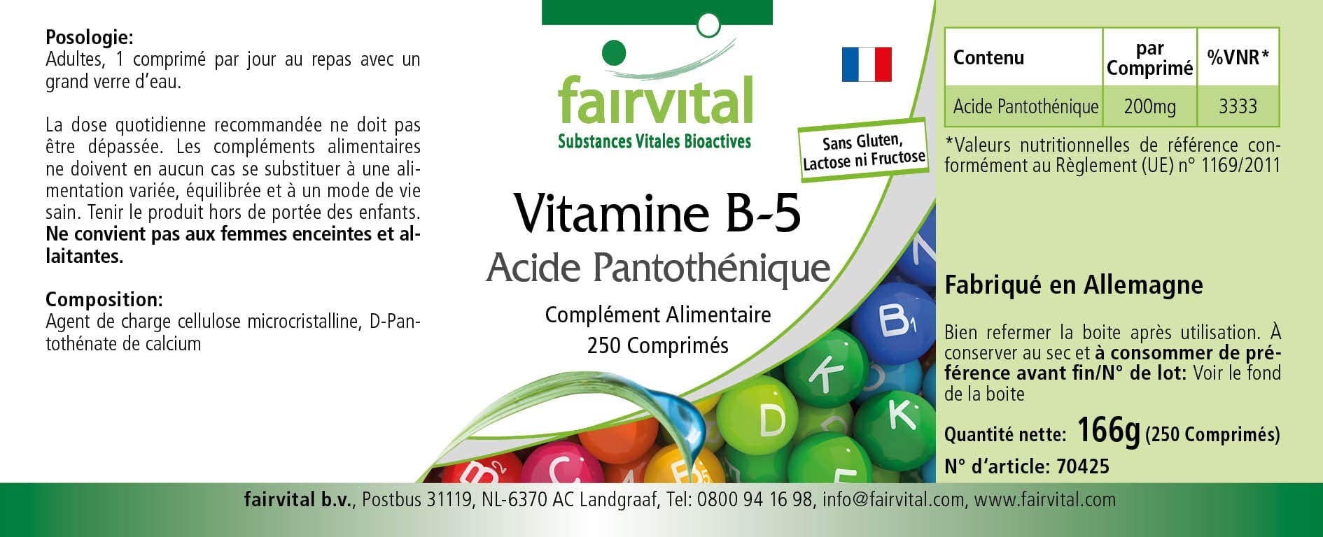 fairvital Vitamin B5, 250 Tabletten, schluckfreundlich, hochdosierte 200mg Pantothensäure, VEGAN, Made in Germany (Packung mit 2)