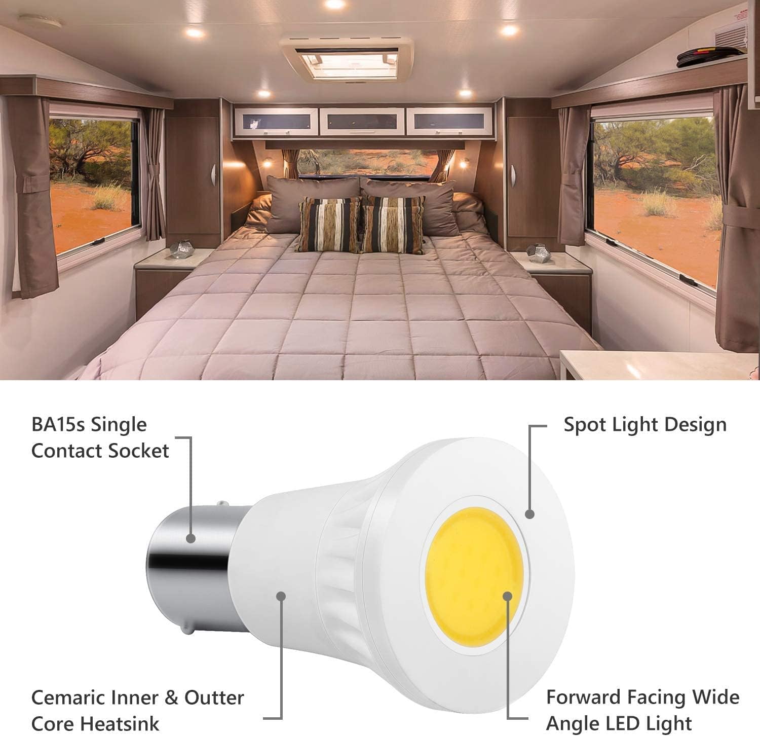 Kohree 12 Volt RV Boat Reading Lights Integrated LED Bulbs Direct 1139/1383 12V LED Replacement R12 BA15s for RV Camper Trailer Marine Boat Motorhome (Pack of 2, 3000K Warm White)
