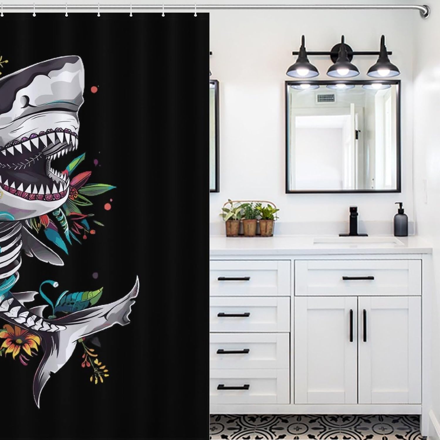 Shark Sugar Skull Mexico Dia De Los Funny Shower Curtains Washable Bath Curtain Liner with Hooks for Bathroom Bath Tubs 72x72Inch (183x183cm)