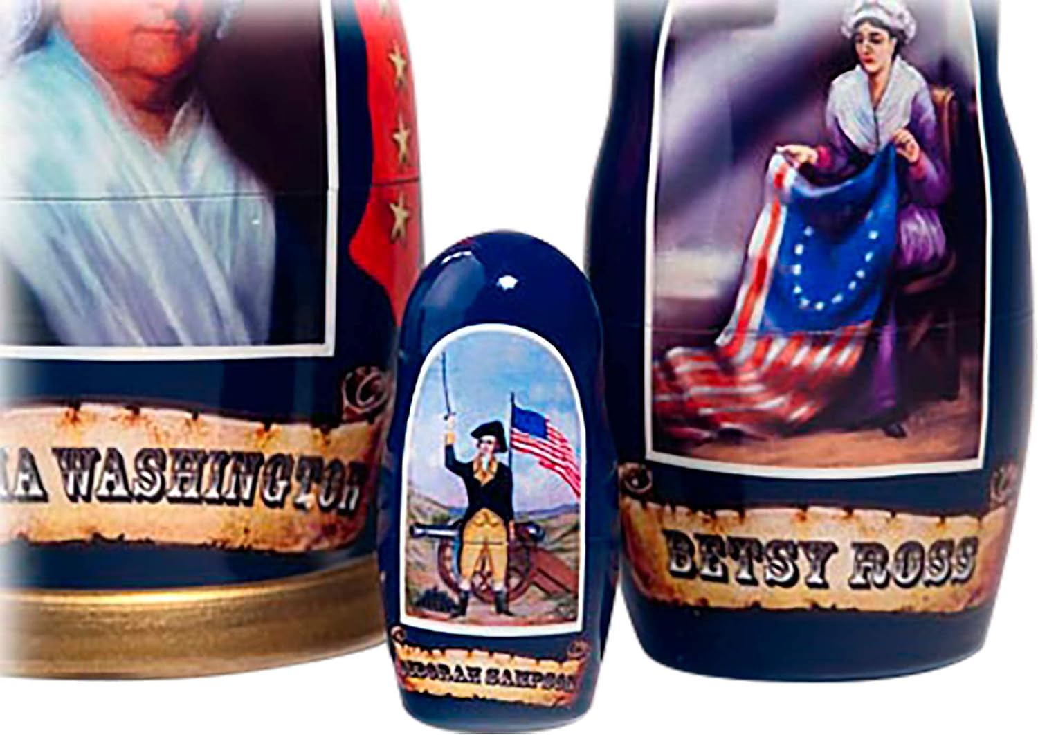 Golden Cockerel Daughters of Liberty Nesting Doll 6"/5pc Washington Ross Pitcher Sampson Corbin Revolutionary War