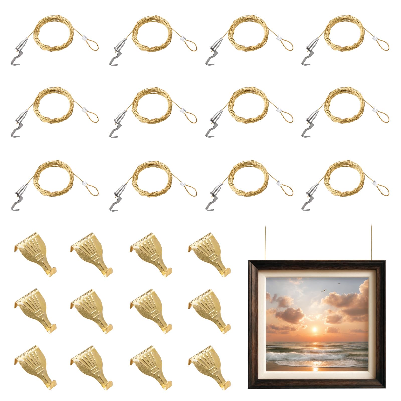 UFURMATE 12 Picture Hanging Kits with Hooks, Adjustable Brass Hanger Wire Rope Kit Professional Art Picture Display Kit for Wall Picture Exhibition(1M,Gold+Silver)