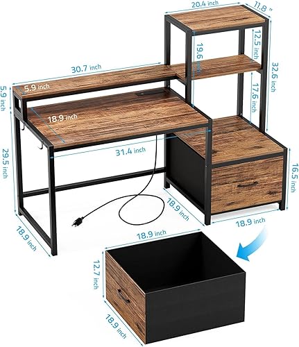 Miniatura 45 de GreenForest Escritorio de oficina con tomas de corriente y estante para impresora, escritorio de computadora de 59 pulgadas con LED y cajón,