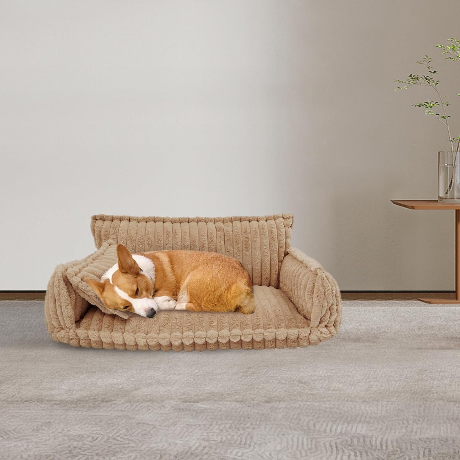Plush Pet Couch Calming Bed, Fluffy Pet Dog & Cat Bed with Removable, Washable Cover & Pillow, Non-Skid Bottom, Fluffy Corduroy Fleece, Supportive Dog Couch Bed for Medium Large Dogs (Camel Color)