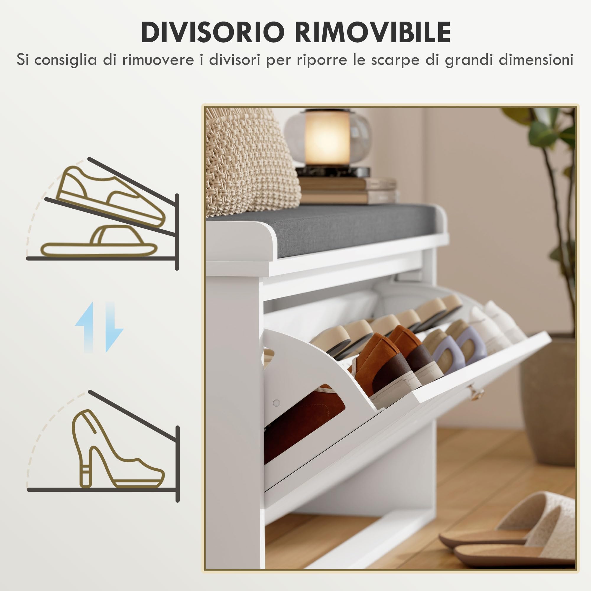 HOMCOM Panca Scarpiera con Ripiano Regolabile per 8 Paia di Scarpe e Cuscino, Scarpiera da Ingresso Salvaspazio con Cassetto Ribaltabile, Bianco