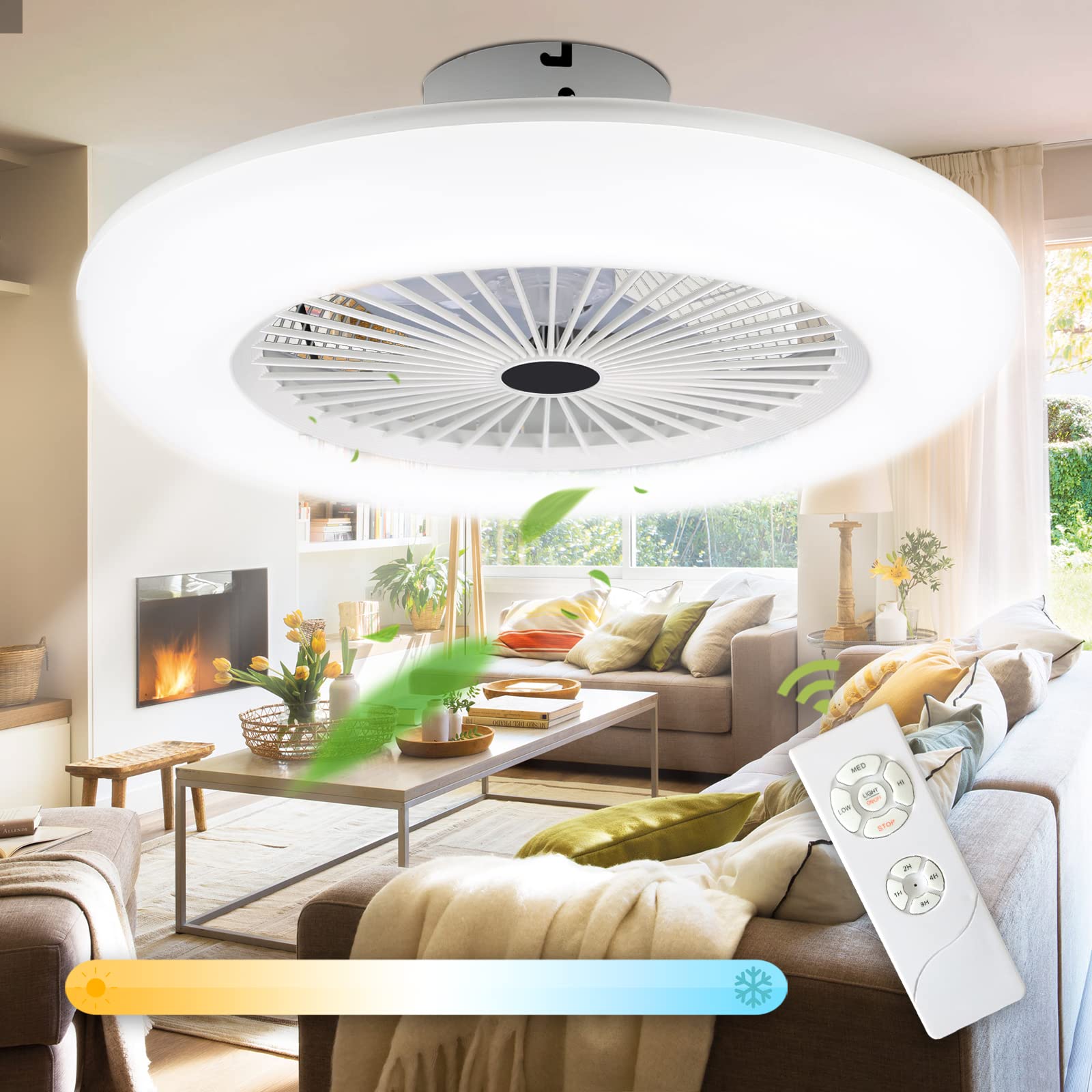 Izrielar Ventilador de Techo de 80W con Luz y Mando a Distancia, con Ventilador Velocidad del Viento Ajustable y Temperatura de Color, Temperaturas de Color, Temporizador Para Dormitorio Sala de Estar