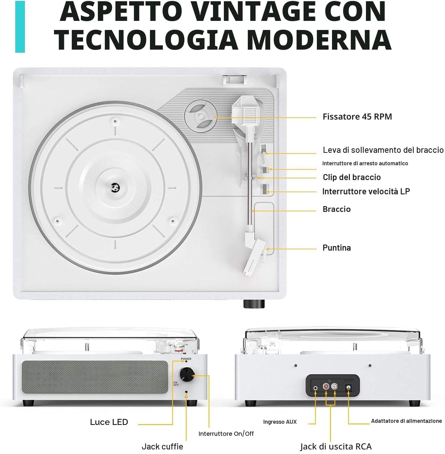 Trynnay Giradischi con altoparlante in vinile, fonografo LP senza fili, con altoparlanti stereo incorporati, trasmissione a 3 marce, giradischi con altoparlanti, retro bianco