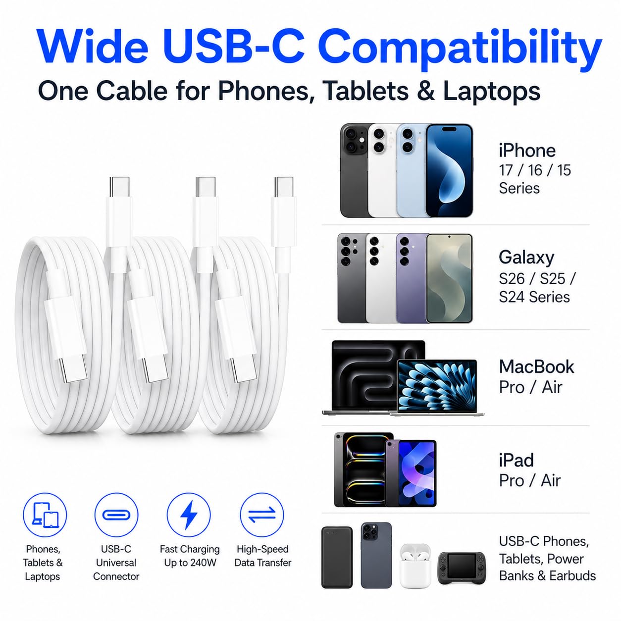 240W USB C to USB C Cable, Compatible 240W-20W Fast Charging Cord | PD 3.1 Type C Charger Cord, 6.6FT+10FT+10FT, Compatible with iPhone 17/16/15, Samsung Galaxy S26/S25, MacBook Pro/Air, iPad