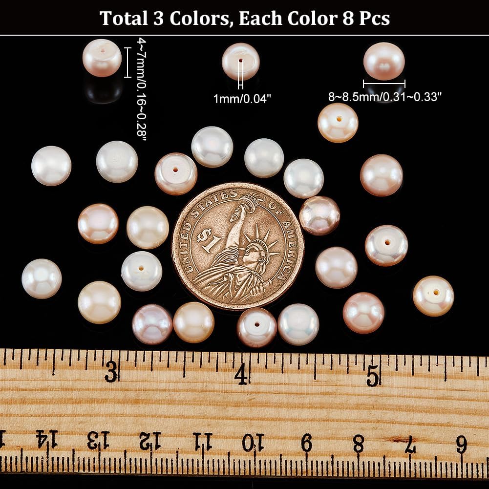 NBEADS 24 Pcs 3 Colors Half Drilled Hole Freshwater Pearl Beads, About 8~8.5mm Half Round Natural Freshwater Pearls Loose Button Cultured Pearls Charms Beads for Earrings Jewelry Making, Grade AA - Image 2