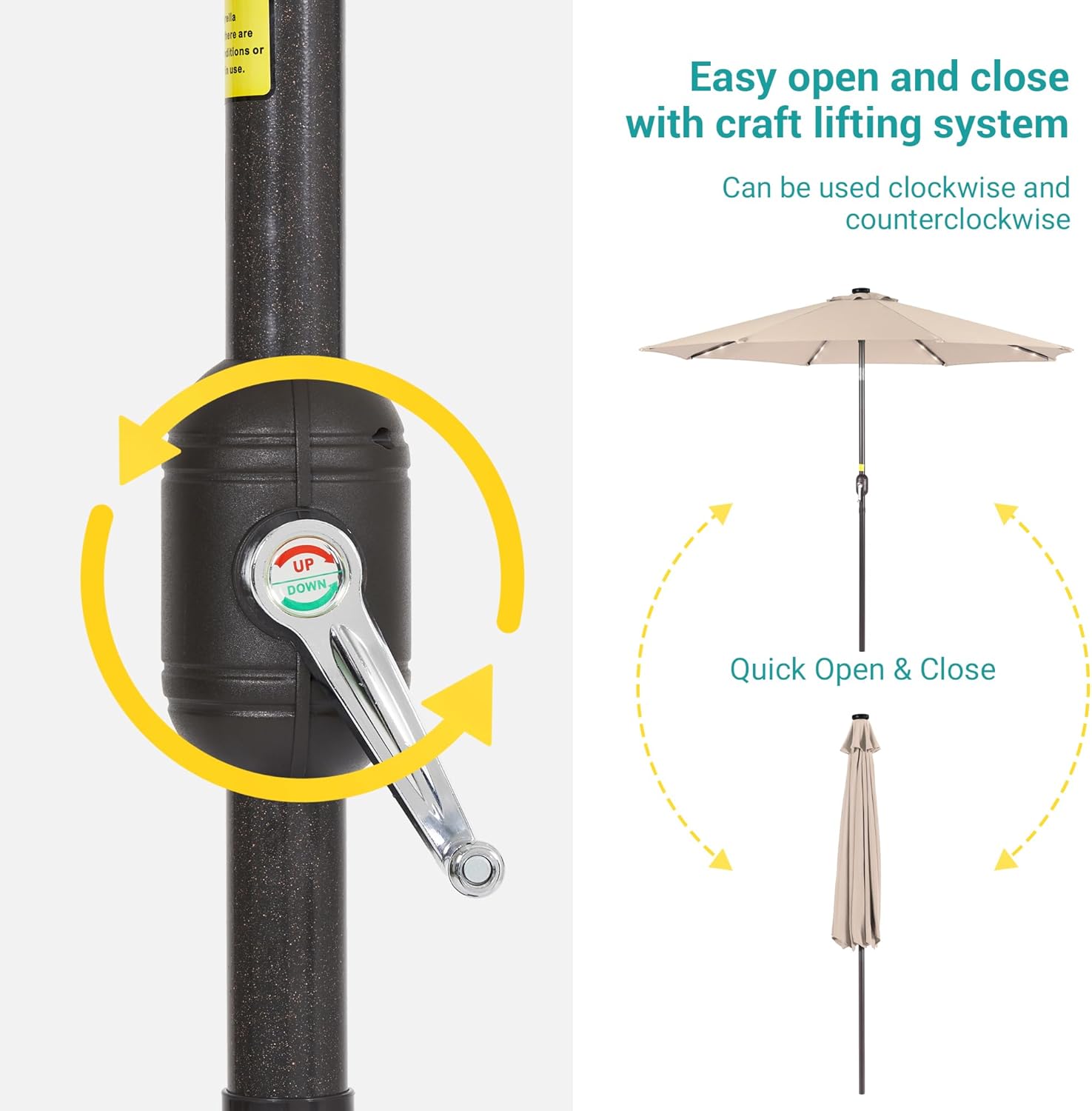 7.5ft Solar Patio Umbrella, Steel umbrella outdoor patio with Tilt and Crank, Waterproof Sunshade Canopy, 6 Ribs Outdoor Umbrella for Garden Deck Backyard Pool,Taupe