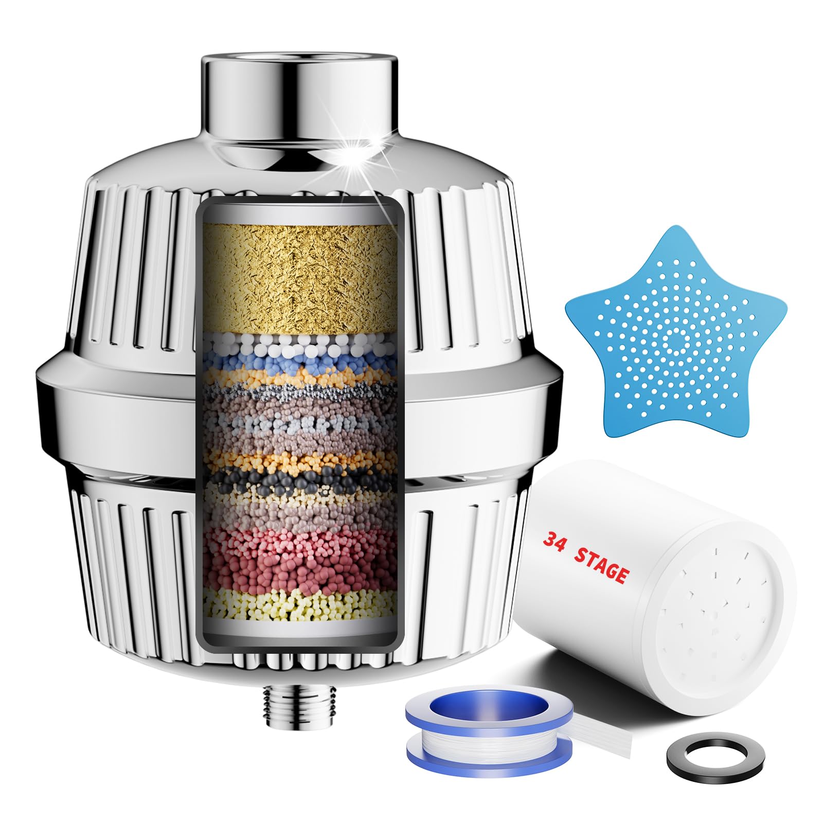 Cobbe Filtro de Ducha de 34 Etapas con Vitamina C para Agua Dura, Filtro Antical con 2 Cartuchos que Elimina Cloro y Metales Pesados, Cromado
