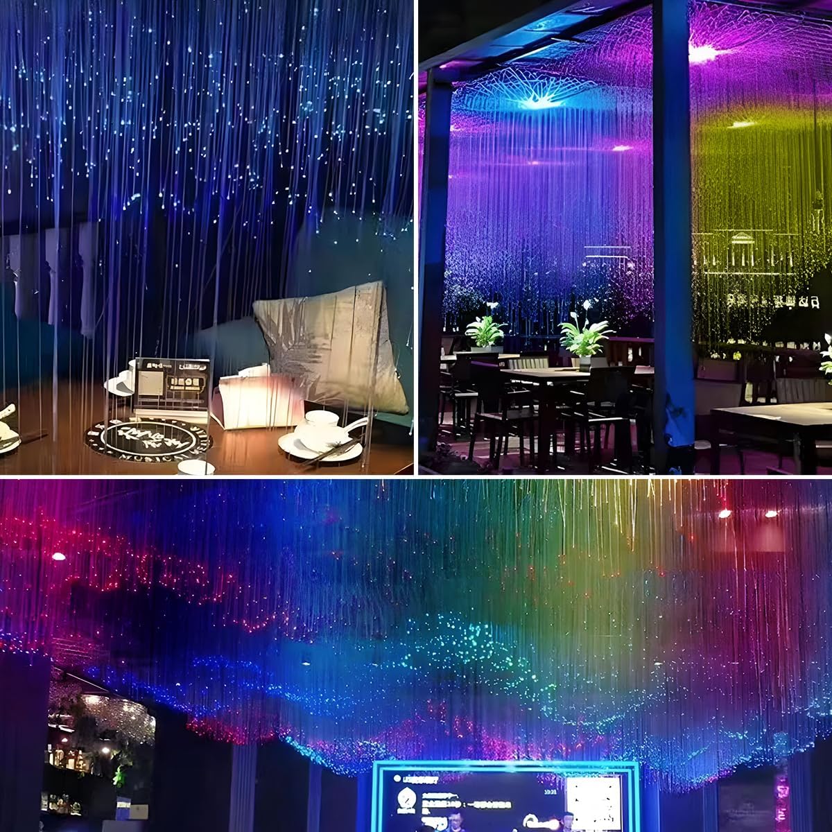 AKEPO 6-in-1 Fiber Optic Hanging Decoration Light, Music Sync+Remote Control RGB Colorful Dynamic Effect+1200pcs*Ф0.03in(0.75mm)*8.2ft/2.5m PMMA END Glow Fiber Strands for Home Ceiling Hanging Light