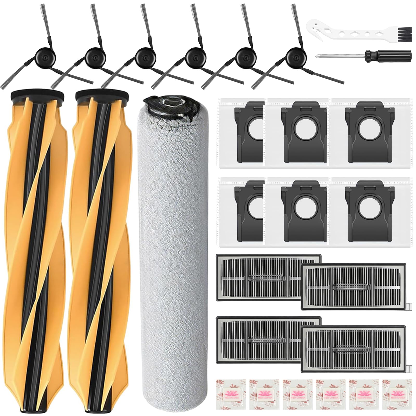 Bpbdzz 27 Stück Zubehör für Mova Z60 Ultra Roller Complete Saugroboter, 1 Roller Wischtücher, 2 Hauptbürsten, 4 Filter, 6 Staubbeutel, 6 Seitenbürsten, 6 Flach-Duftstein, 1 Reinigungsbürste
