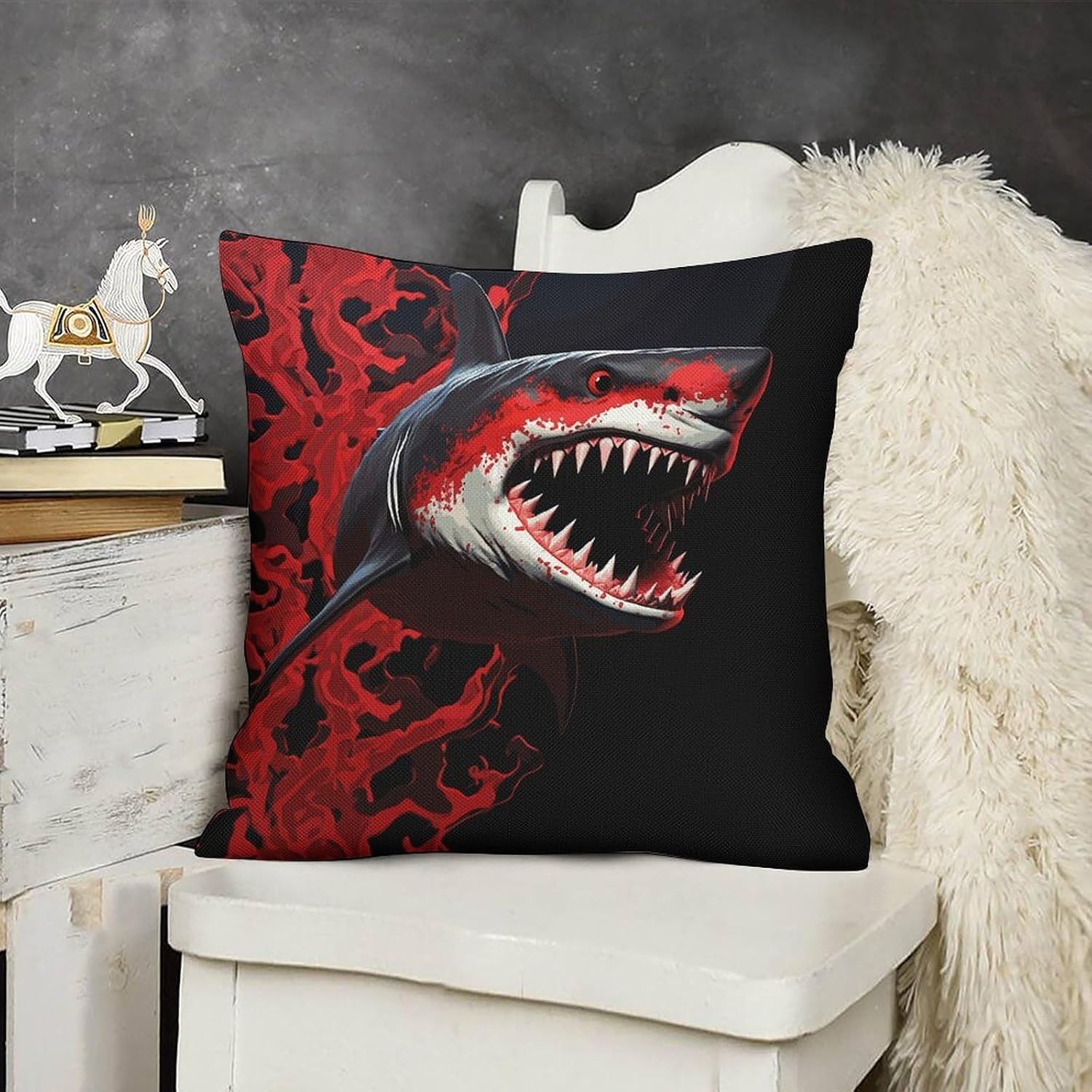 Red-Black Shark Pillow Protectors Cute Waterproof Pillow Cover Soft Skin-Friendly Cushion Case Decorative Square Cushion Cover for Couch Sofa Bed Living Room Bedroom