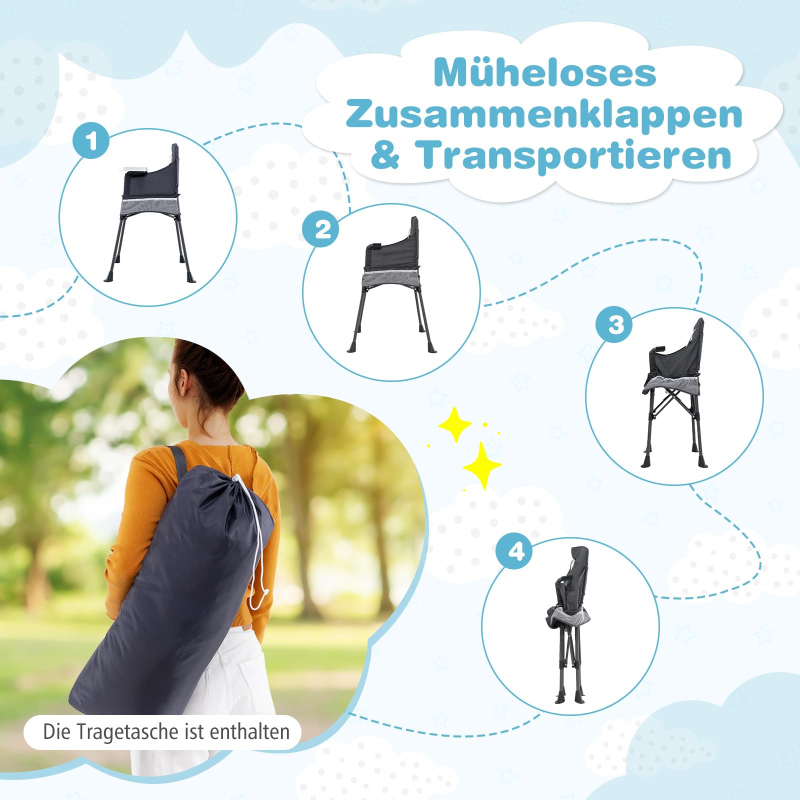 COSTWAY Hochstuhl Baby klappbar, Kinderhochstuhl mit verstellbarem Tablett, Aufbewahrungstasche & Sicherheitsgurt, Babystuhl mit Tragetasche, Babyhochstuhl für Babys von 6-36 Monaten