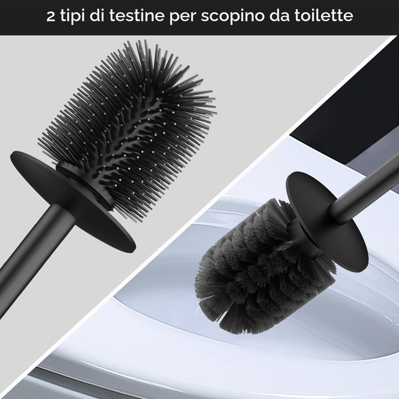 Scopino per WC con montaggio a parete, scopino in silicone e supporto, scopino quadrato in acciaio inox 304, con 2 testine (quadrate nero)