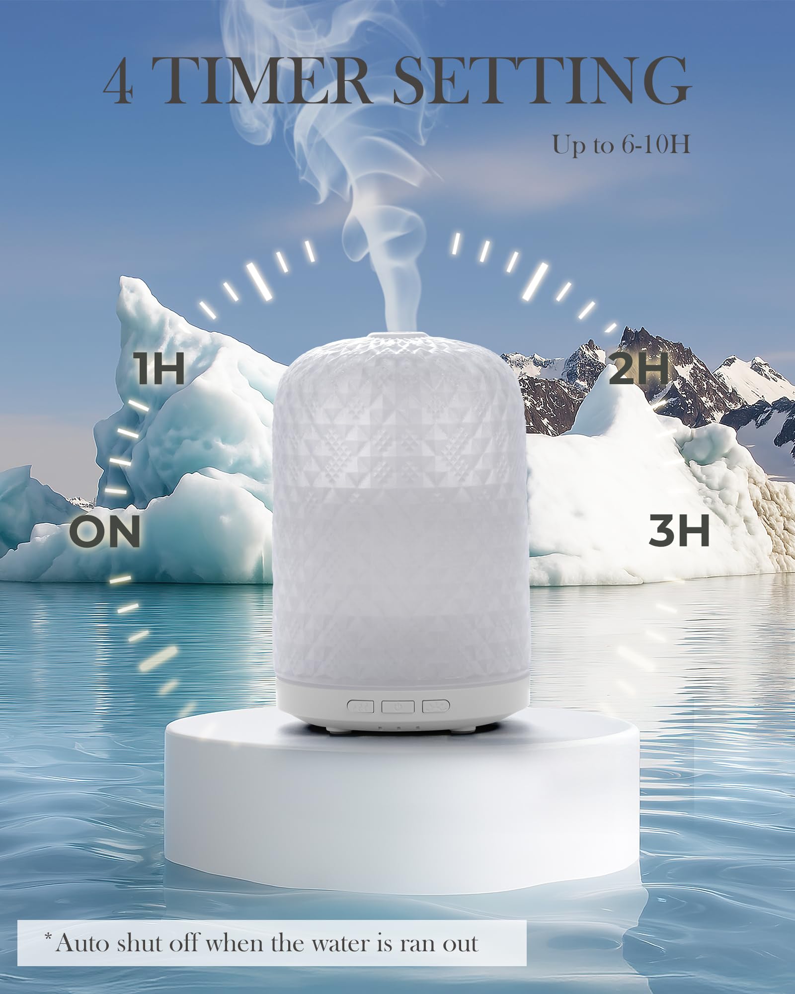 Diffusore di oli essenziali in vetro per aromaterapia, diffusore di aromi a ultrasuoni da 2,4 MHz, silenzioso, con spegnimento automatico, impostazione timer e luce calda confortevole per gli occhi