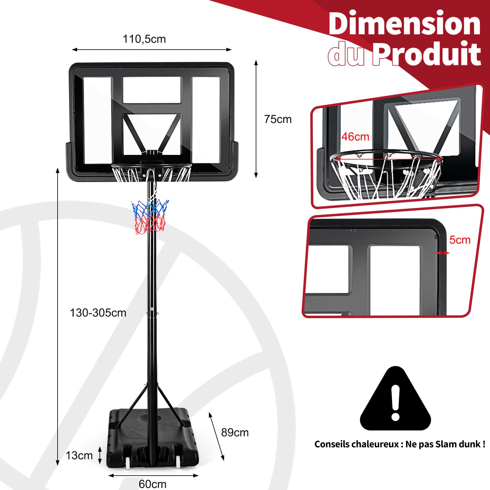 COSTWAY Panier de Basket Extérieur avec Hauteur Réglable 130-305 cm, Support de Basket sur Pied avec Panneau en HDPE et Filet, Base Remplissable & 2 Roues pour Adultes & Jeunes