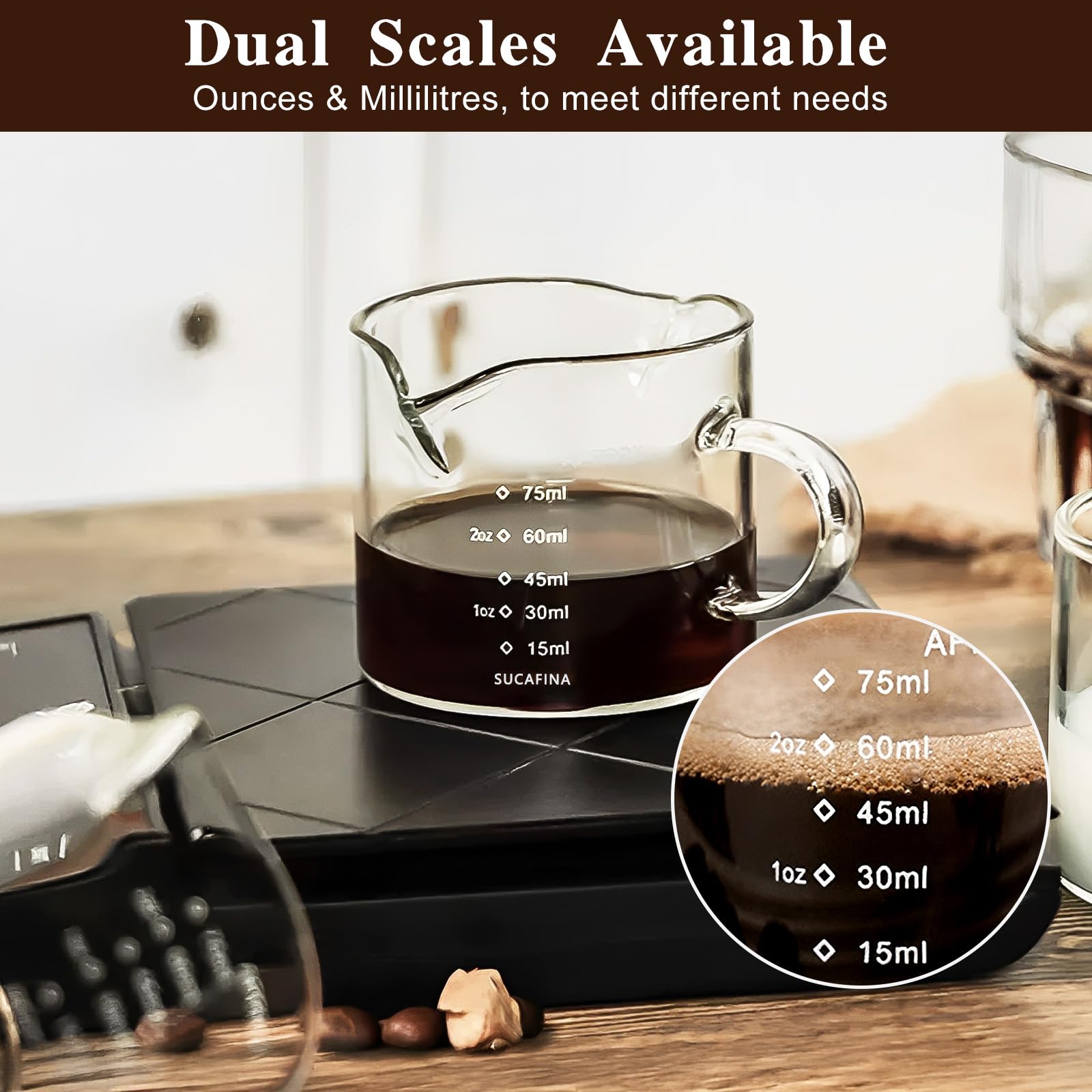 4 filiżanek do espresso ze szczotką, 75/150 ml, kubek z miarką, szklany z podwójnym dziobkiem i skalą, uchwytna