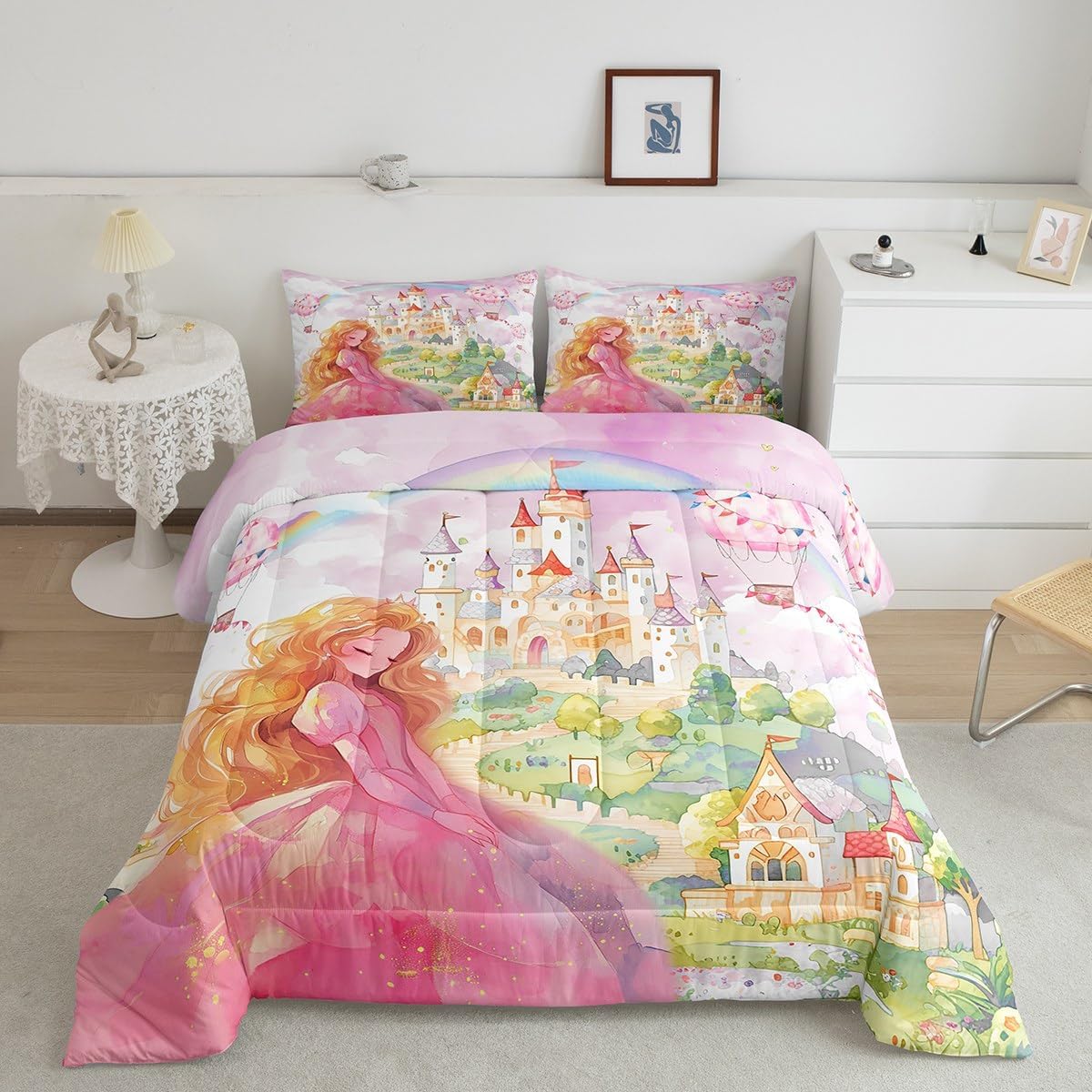 Pink Princess Girly Comforter Set for Boys Girls,Fairy Tale Fantasy Castle Garden