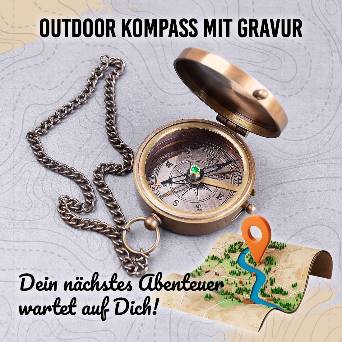 polar-effekt Bronze Metall Kompass mit Gravur - Geschenke für Frauen & Männer - Taschenkompass für Outdoor & Camping - Wanderkompass mit Metallkette