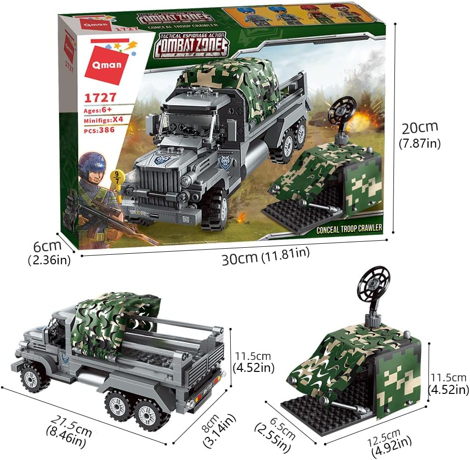 QMAN Military Vehicle Building Blocks Set box art showing the assembled truck and radar station with dimensions, and a child playing with the set.
