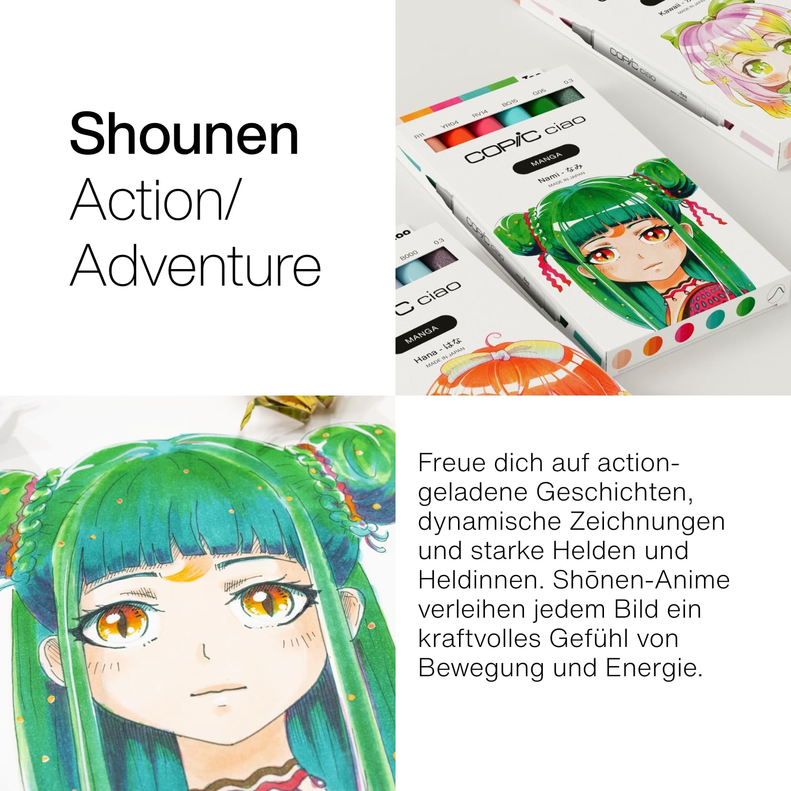 Copic Ciao MANGA Set Nami, Marker Set mit 5 leuchtenden Grün- und Blautönen inkl. 1 Multiliner 0,3 mm in Grün, Twin Marker mit einer mittelbreiten und einer Brush Spitze