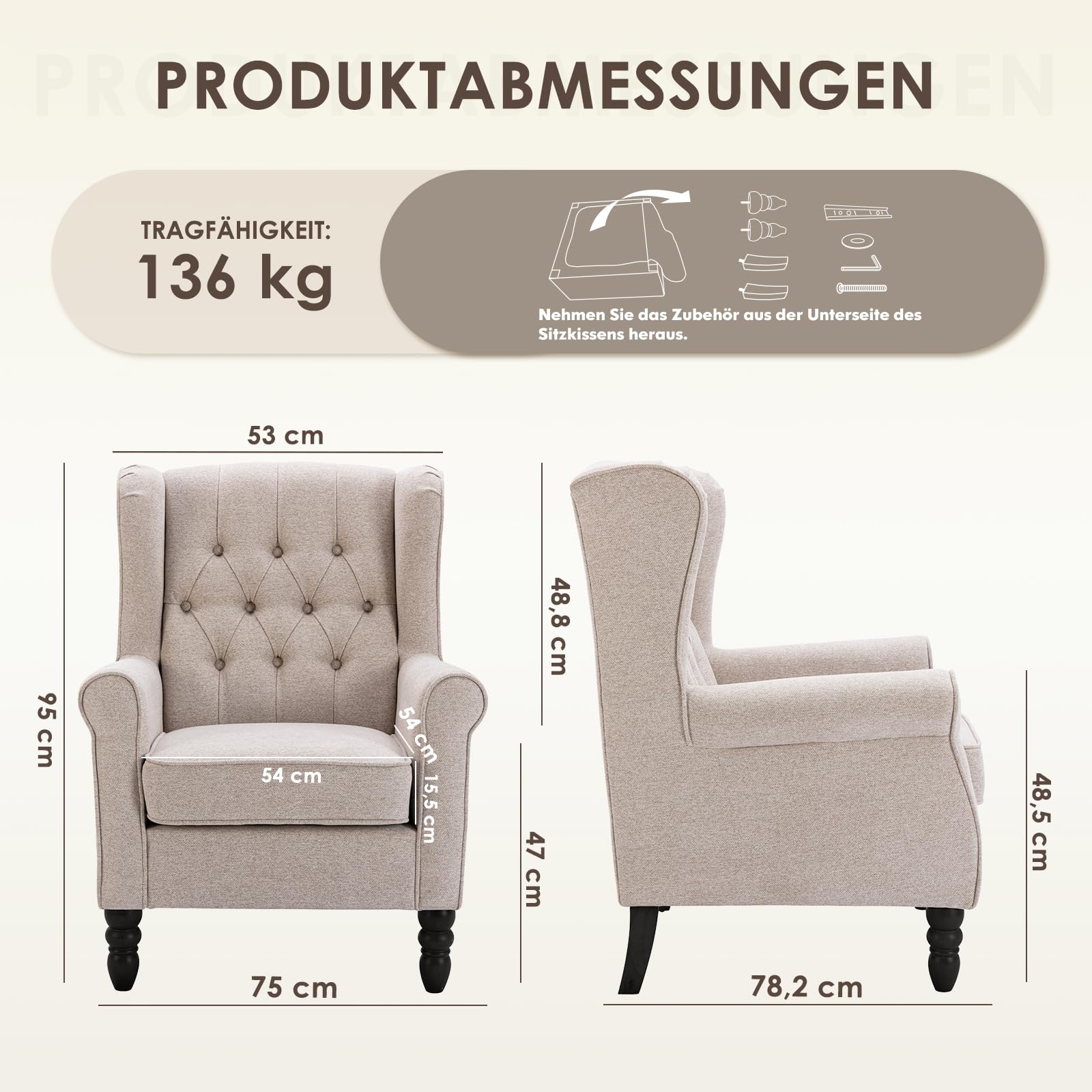 COLAMY Mid-Century Modern Sessel Wohnzimmer, Gepolsterter Wingback-Sessel mit Knopfsteppung, loungesessel Bezug aus Gewebe mit Massivholzbeinen für Wohnzimmer, Büro, Café - Beige