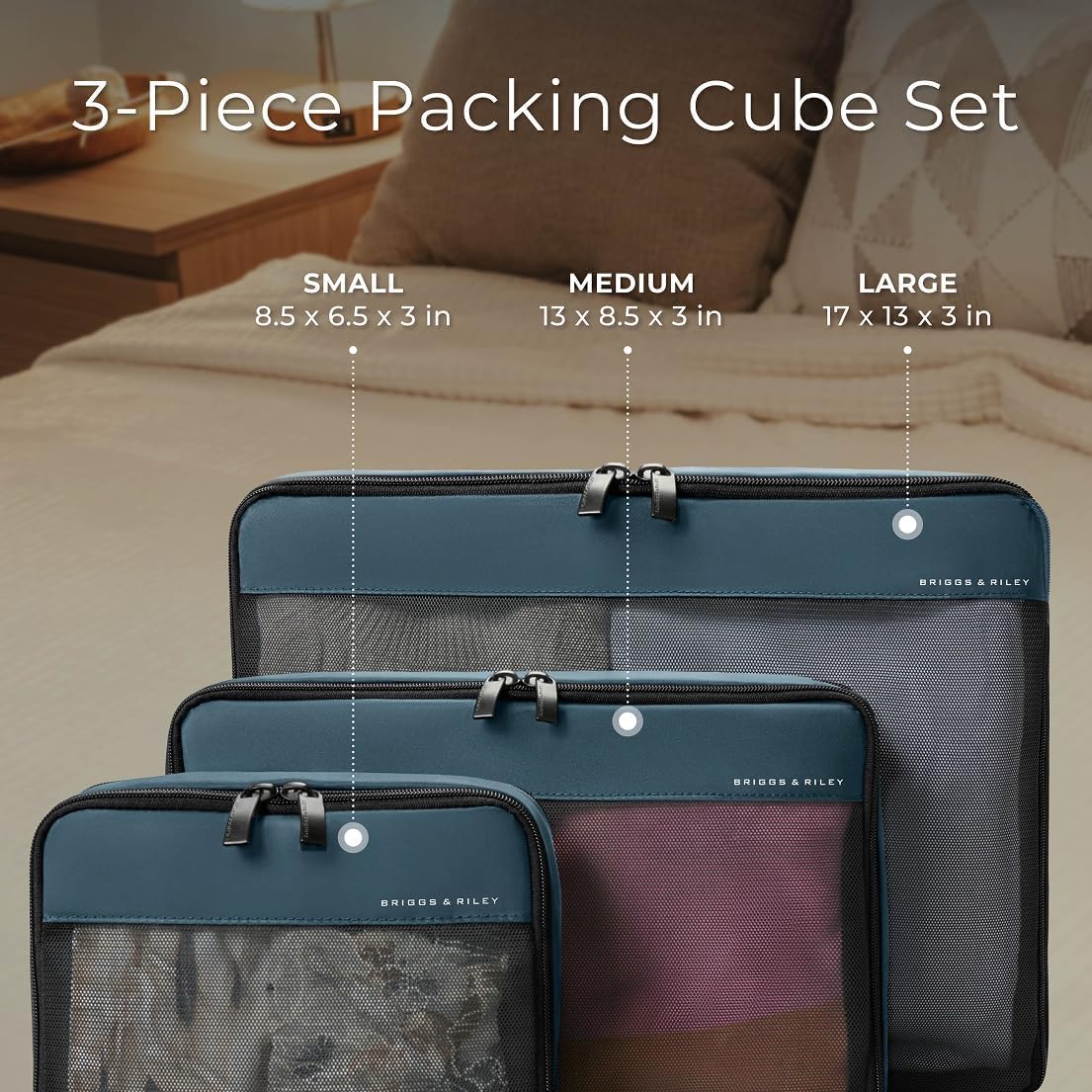 Briggs & Riley Set di cubi per imballaggio a compressione, organizer per valigie e bagagli, per donne e uomini, accessori per le vacanze - collezione Travel Must Haves, 3 pezzi, oceano