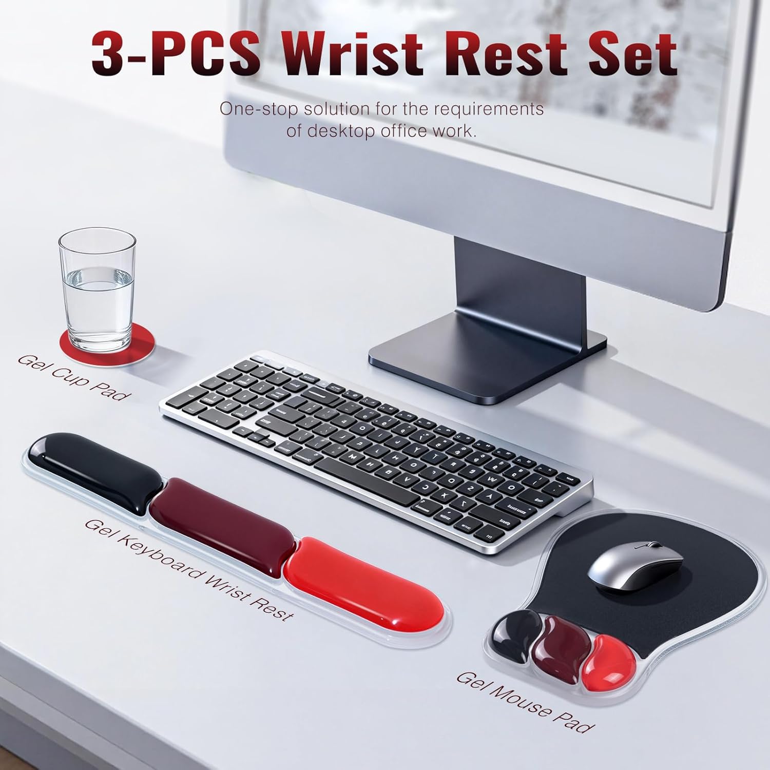 Ospelelf Mouse Pad with Wrist Rest Set Gel Ergonomic Keyboard Wrist Support Anti-Slip Rubber Bottom Office Women Desk Accessories for Computer, Laptop and Gaming, Black and Red