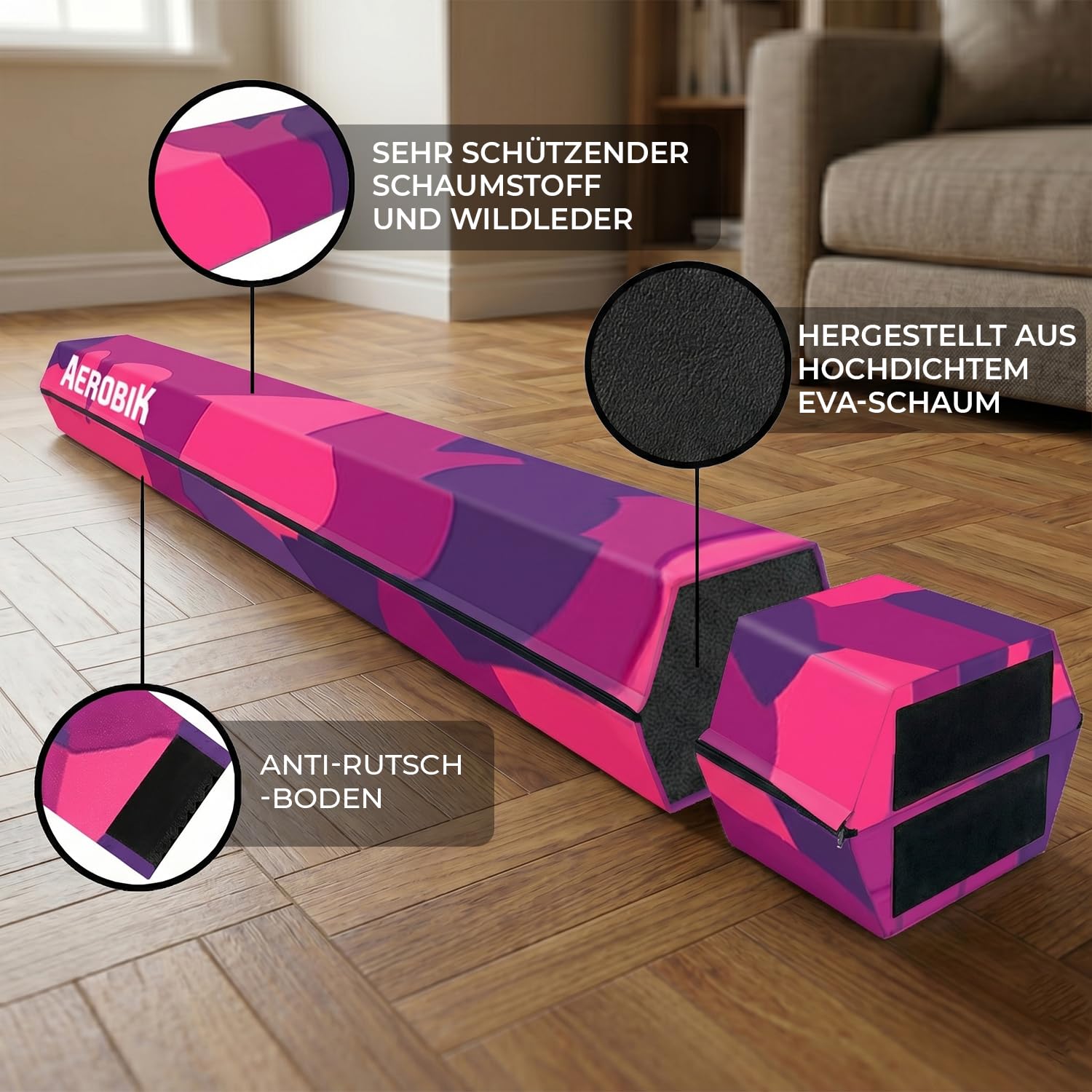 Aerobik | Klappbarer Schwebebalken 240 cm Violett | Stabil, rutschfest & Waschbar | Für Kinder & Erwachsene | Inklusive Gymnastikband | Original Corner