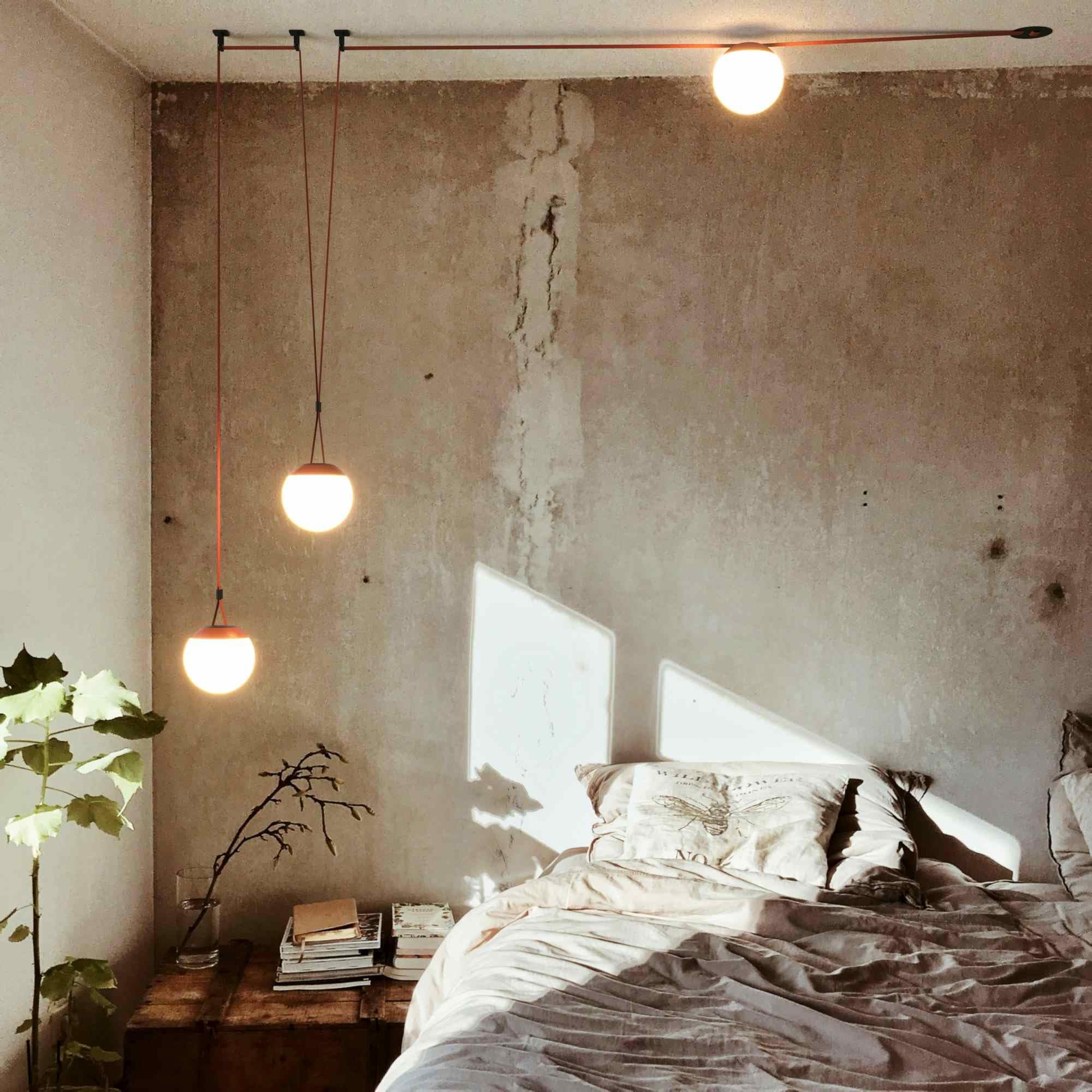 BARCELONA LED Lámpara Colgante Axia 6 – KIT 3 lámparas bola LED opal de policarbonato + cinta textil ladrillo 12m, gran lámpara suspendida, diseño minimalista industrial y arte ligero,luz cálida 2700K